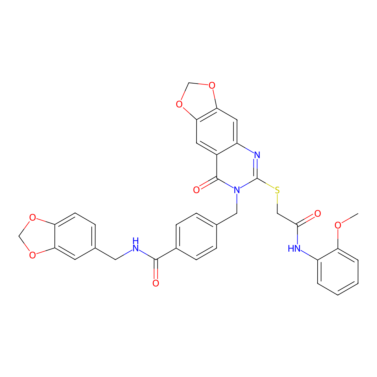 N-[(2H-1,3-benzodioxol-5-yl)methyl]-4-{[6-({[(2-methoxyphenyl)carbamoyl]methyl}sulfanyl)-8-oxo-2H,7H,8H-[1,3]dioxolo[4,5-g]quinazolin-7-yl]methyl}benzamide molecular structure, CAS 688062-07-9