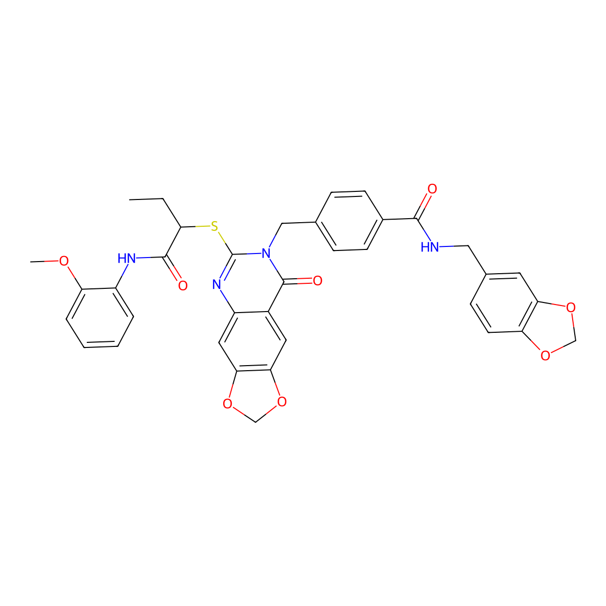N-[(2H-1,3-benzodioxol-5-yl)methyl]-4-{[6-({1-[(2-methoxyphenyl)carbamoyl]propyl}sulfanyl)-8-oxo-2H,7H,8H-[1,3]dioxolo[4,5-g]quinazolin-7-yl]methyl}benzamide molecular structure, CAS 688062-08-0