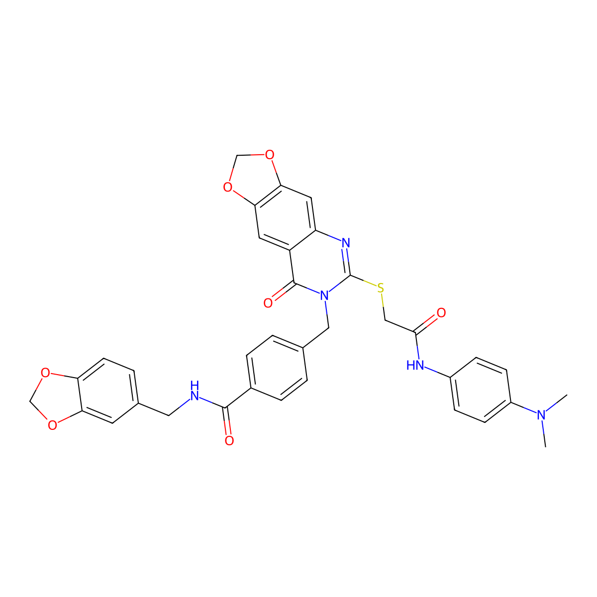 N-[(2H-1,3-benzodioxol-5-yl)methyl]-4-({6-[({[4-(dimethylamino)phenyl]carbamoyl}methyl)sulfanyl]-8-oxo-2H,7H,8H-[1,3]dioxolo[4,5-g]quinazolin-7-yl}methyl)benzamide molecular structure, CAS 688062-10-4