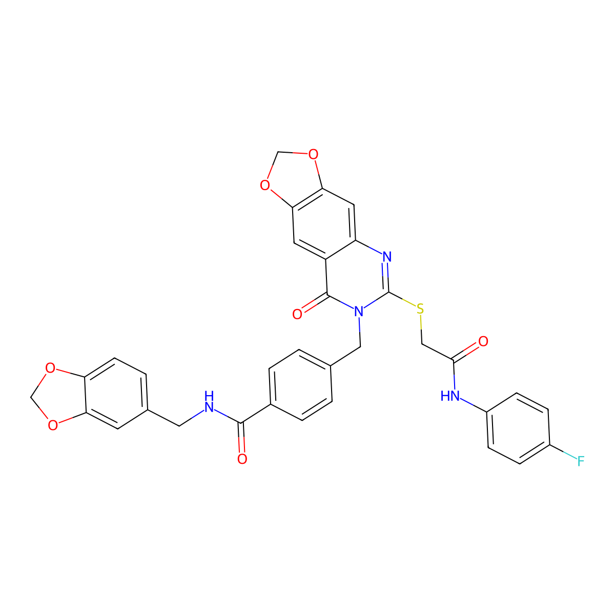 N-(1,3-benzodioxol-5-ylmethyl)-4-{[6-({2-[(4-fluorophenyl)amino]-2-oxoethyl}thio)-8-oxo[1,3]dioxolo[4,5-g]quinazolin-7(8H)-yl]methyl}benzamide molecular structure, CAS 688062-11-5