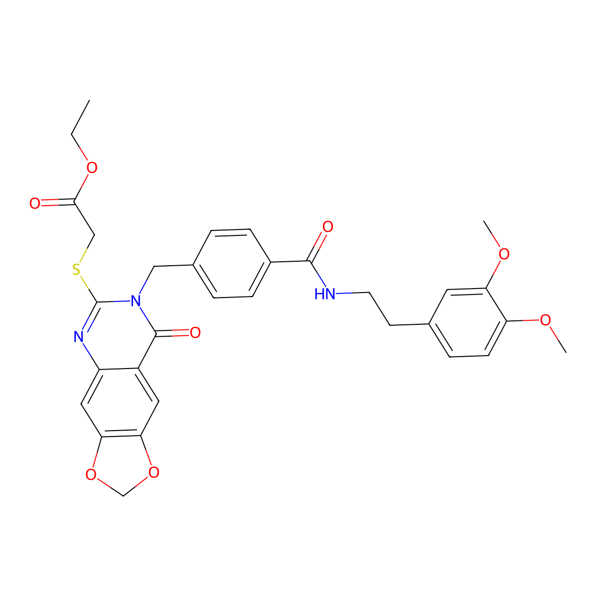 ethyl 2-({7-[(4-{[2-(3,4-dimethoxyphenyl)ethyl]carbamoyl}phenyl)methyl]-8-oxo-2H,7H,8H-[1,3]dioxolo[4,5-g]quinazolin-6-yl}sulfanyl)acetate molecular structure, CAS 688062-12-6