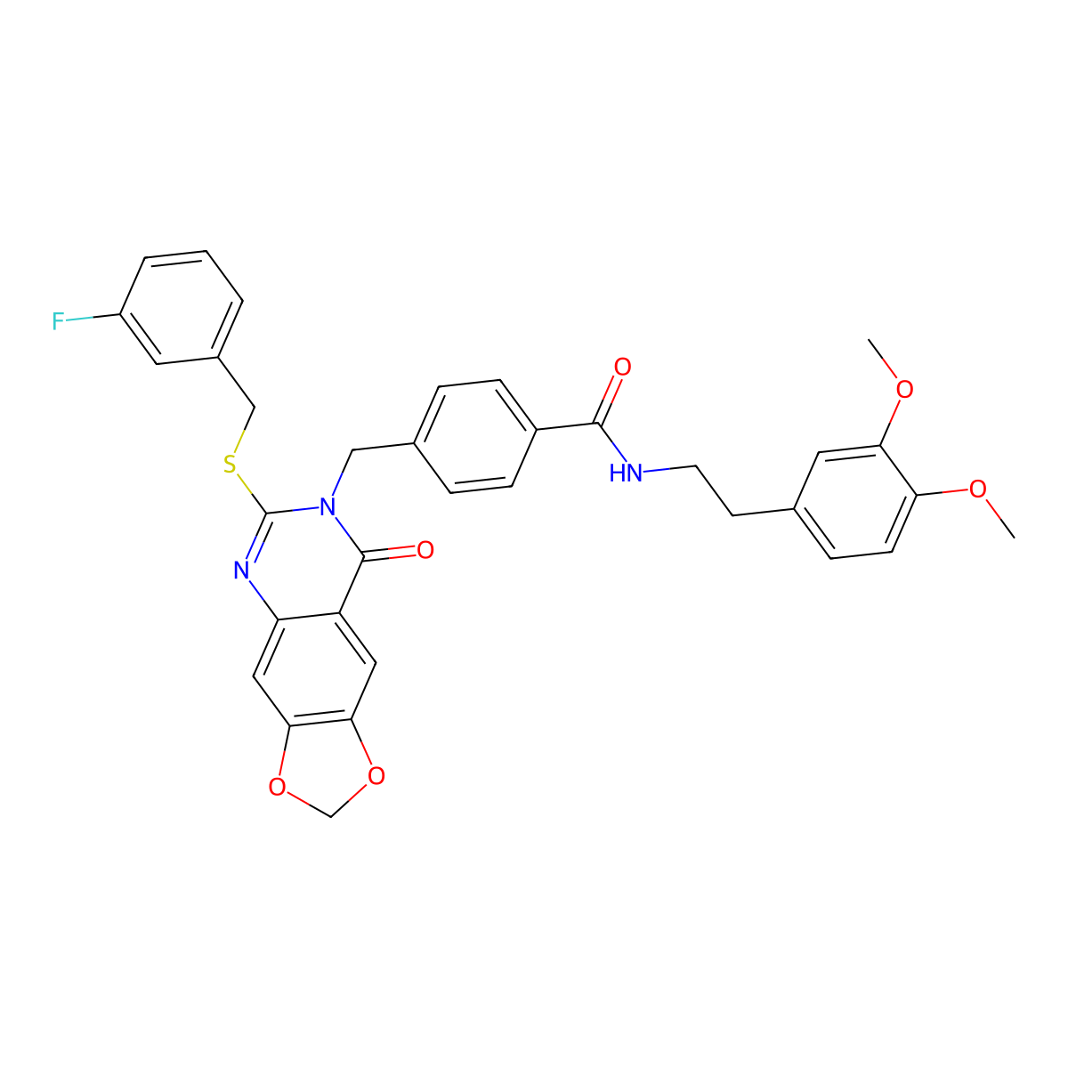 N-(3,4-dimethoxyphenethyl)-4-((6-((3-fluorobenzyl)thio)-8-oxo-[1,3]dioxolo[4,5-g]quinazolin-7(8H)-yl)methyl)benzamide molecular structure, CAS 688062-18-2