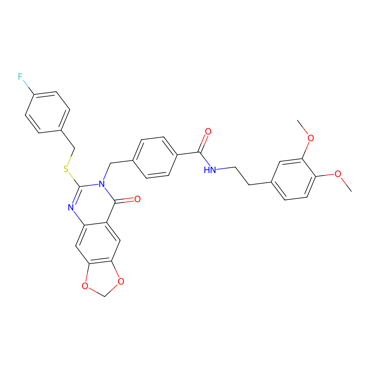 N-(3,4-dimethoxyphenethyl)-4-((6-((4-fluorobenzyl)thio)-8-oxo-[1,3]dioxolo[4,5-g]quinazolin-7(8H)-yl)methyl)benzamide molecular structure, CAS 688062-19-3