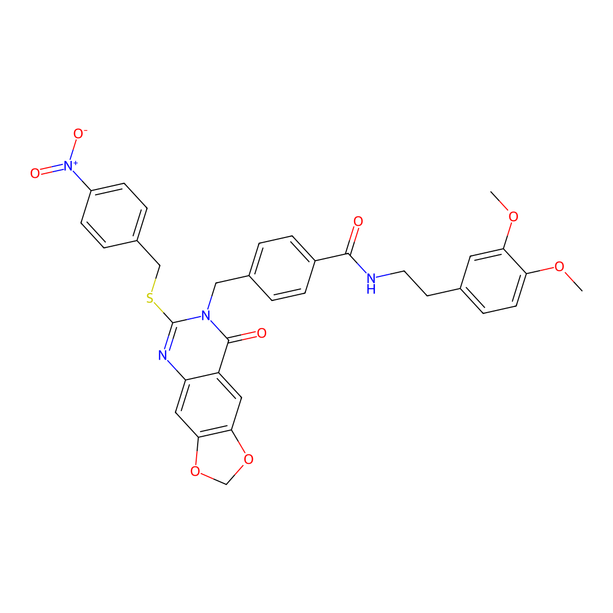 N-(3,4-dimethoxyphenethyl)-4-((6-((4-nitrobenzyl)thio)-8-oxo-[1,3]dioxolo[4,5-g]quinazolin-7(8H)-yl)methyl)benzamide molecular structure, CAS 688062-24-0