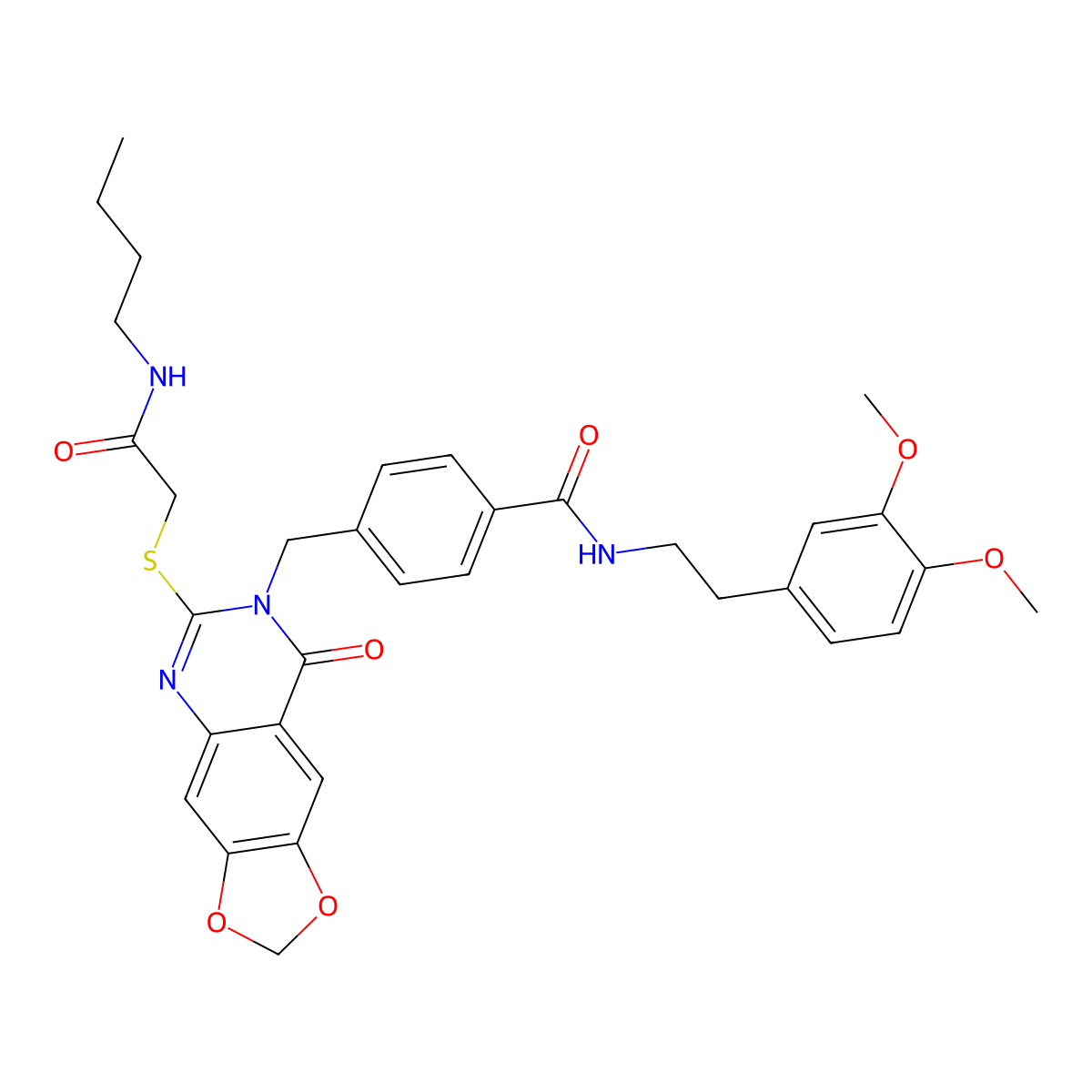 4-((6-((2-(butylamino)-2-oxoethyl)thio)-8-oxo-[1,3]dioxolo[4,5-g]quinazolin-7(8H)-yl)methyl)-N-(3,4-dimethoxyphenethyl)benzamide molecular structure, CAS 688062-30-8