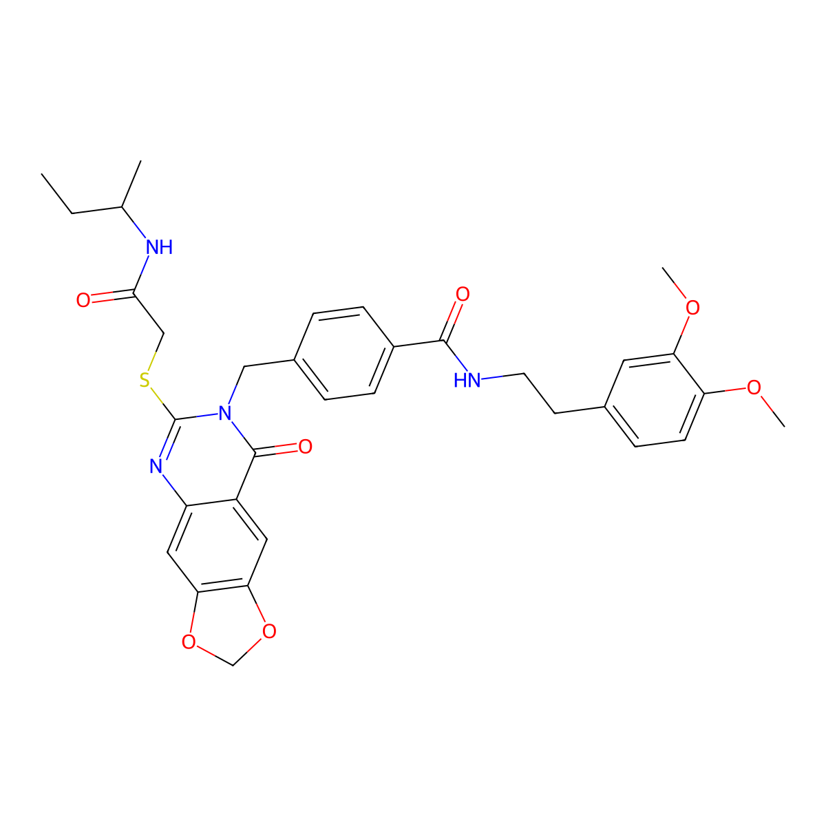 4-((6-((2-(sec-butylamino)-2-oxoethyl)thio)-8-oxo-[1,3]dioxolo[4,5-g]quinazolin-7(8H)-yl)methyl)-N-(3,4-dimethoxyphenethyl)benzamide molecular structure, CAS 688062-31-9