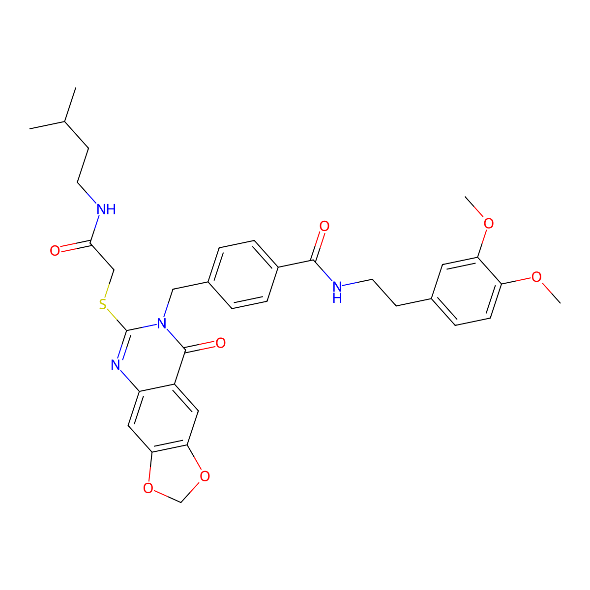 N-(3,4-dimethoxyphenethyl)-4-((6-((2-(isopentylamino)-2-oxoethyl)thio)-8-oxo-[1,3]dioxolo[4,5-g]quinazolin-7(8H)-yl)methyl)benzamide molecular structure, CAS 688062-32-0