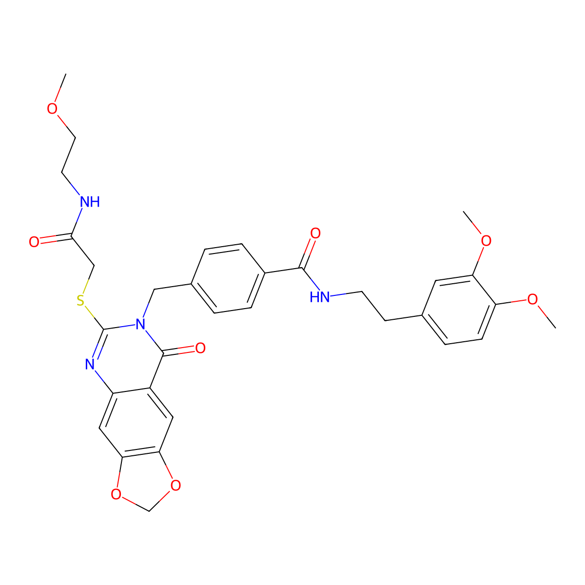 N-(3,4-dimethoxyphenethyl)-4-((6-((2-((2-methoxyethyl)amino)-2-oxoethyl)thio)-8-oxo-[1,3]dioxolo[4,5-g]quinazolin-7(8H)-yl)methyl)benzamide molecular structure, CAS 688062-33-1