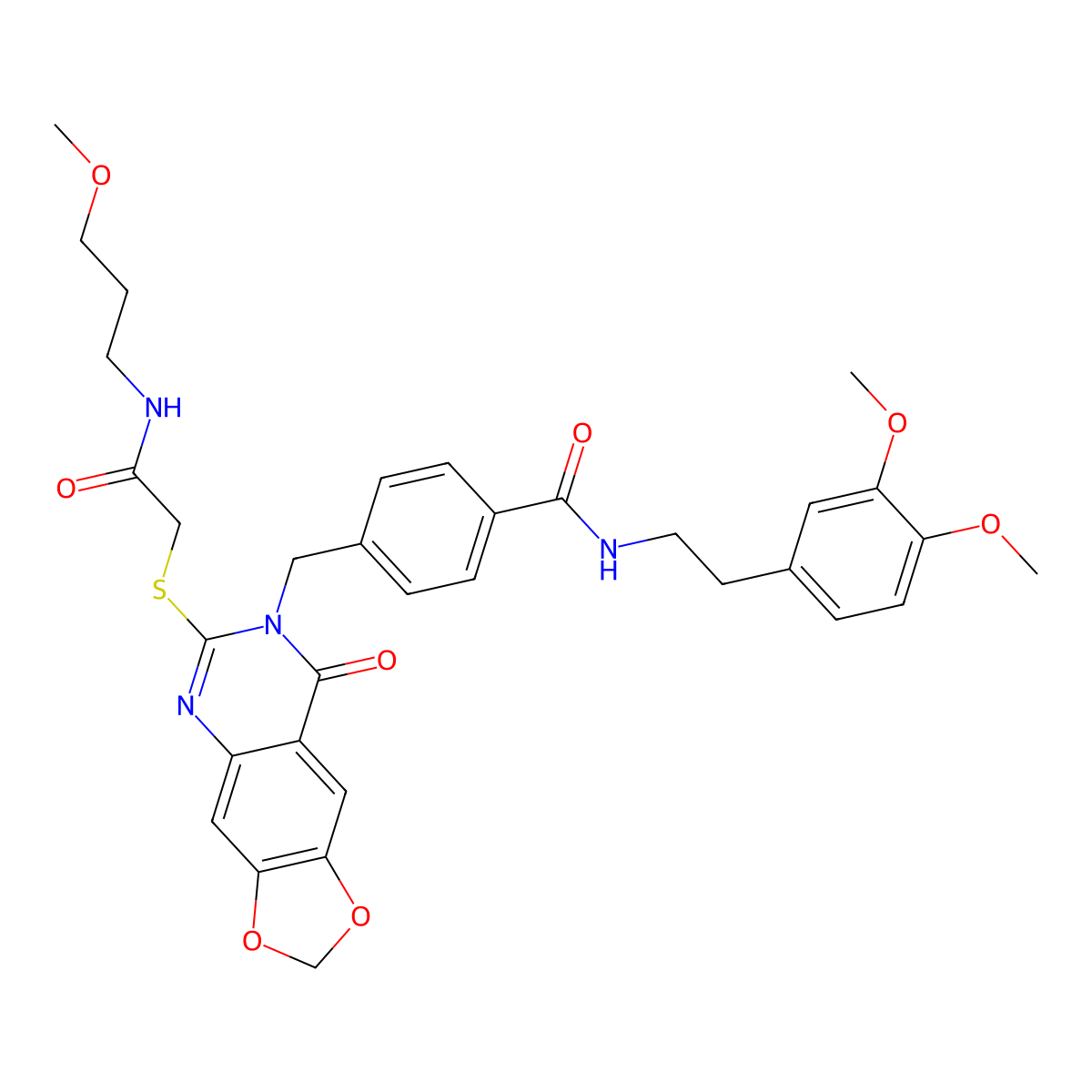 N-(3,4-dimethoxyphenethyl)-4-((6-((2-((3-methoxypropyl)amino)-2-oxoethyl)thio)-8-oxo-[1,3]dioxolo[4,5-g]quinazolin-7(8H)-yl)methyl)benzamide molecular structure, CAS 688062-34-2