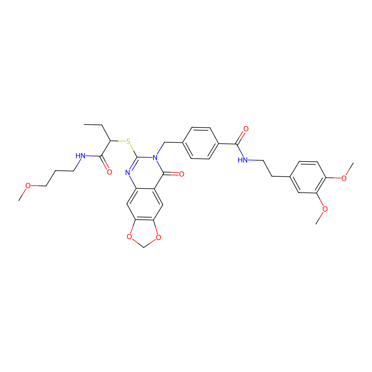 N-[2-(3,4-dimethoxyphenyl)ethyl]-4-{[6-({1-[(3-methoxypropyl)carbamoyl]propyl}sulfanyl)-8-oxo-2H,7H,8H-[1,3]dioxolo[4,5-g]quinazolin-7-yl]methyl}benzamide molecular structure, CAS 688062-35-3