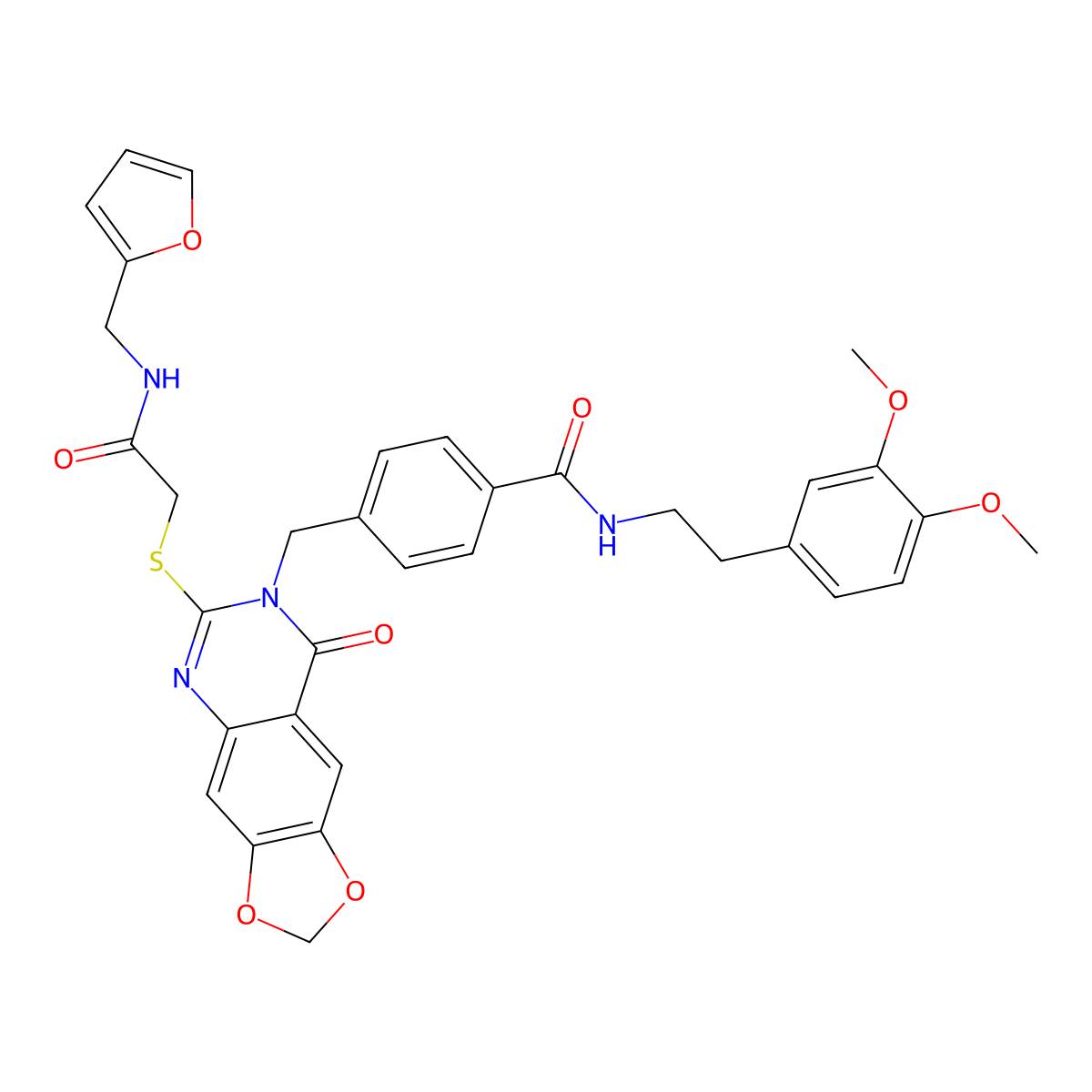 N-(3,4-dimethoxyphenethyl)-4-((6-((2-((furan-2-ylmethyl)amino)-2-oxoethyl)thio)-8-oxo-[1,3]dioxolo[4,5-g]quinazolin-7(8H)-yl)methyl)benzamide molecular structure, CAS 688062-37-5
