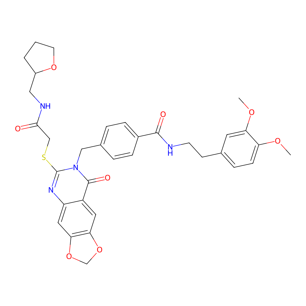 N-(3,4-dimethoxyphenethyl)-4-((8-oxo-6-((2-oxo-2-(((tetrahydrofuran-2-yl)methyl)amino)ethyl)thio)-[1,3]dioxolo[4,5-g]quinazolin-7(8H)-yl)methyl)benzamide molecular structure, CAS 688062-38-6