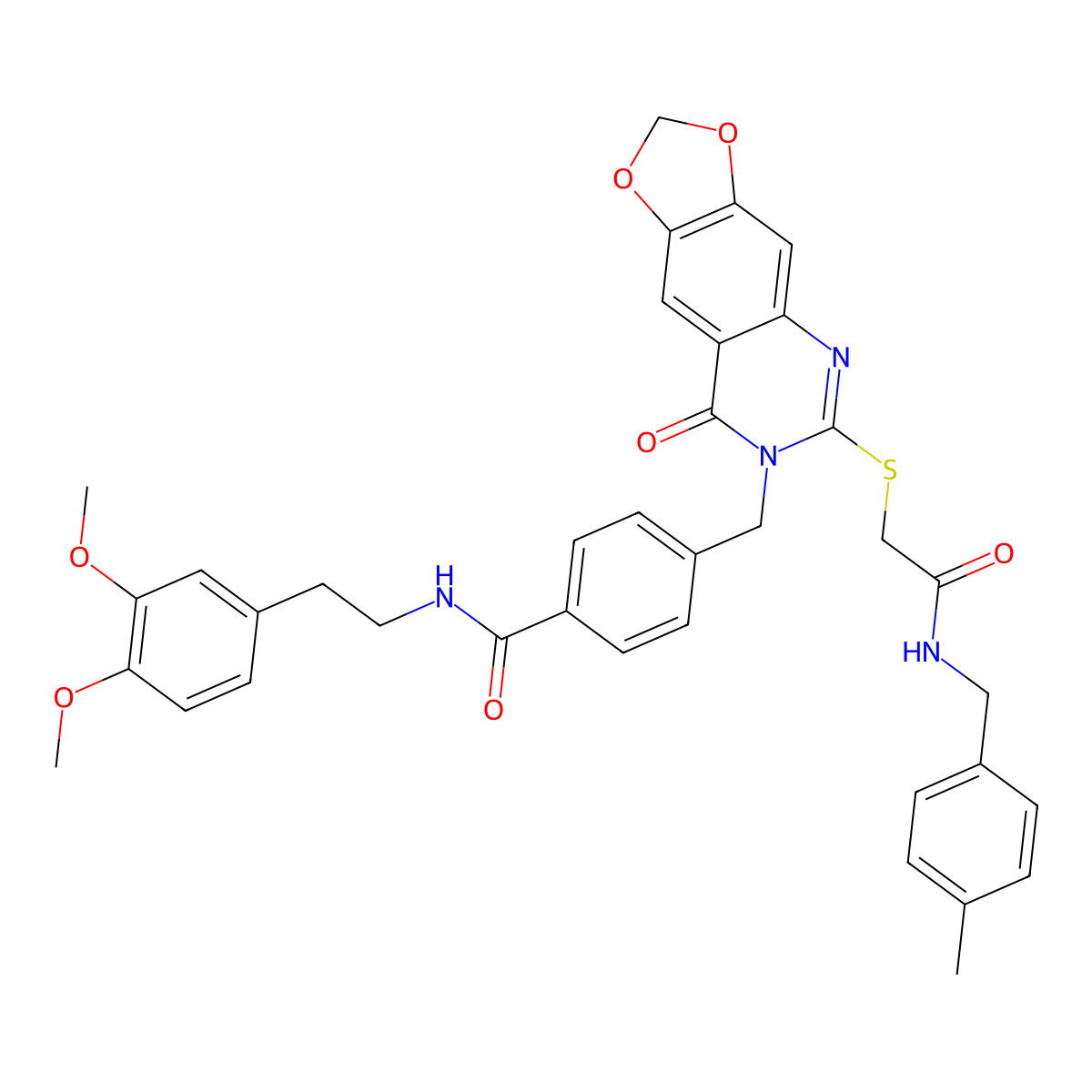 N-[2-(3,4-dimethoxyphenyl)ethyl]-4-({6-[({[(4-methylphenyl)methyl]carbamoyl}methyl)sulfanyl]-8-oxo-2H,7H,8H-[1,3]dioxolo[4,5-g]quinazolin-7-yl}methyl)benzamide molecular structure, CAS 688062-40-0