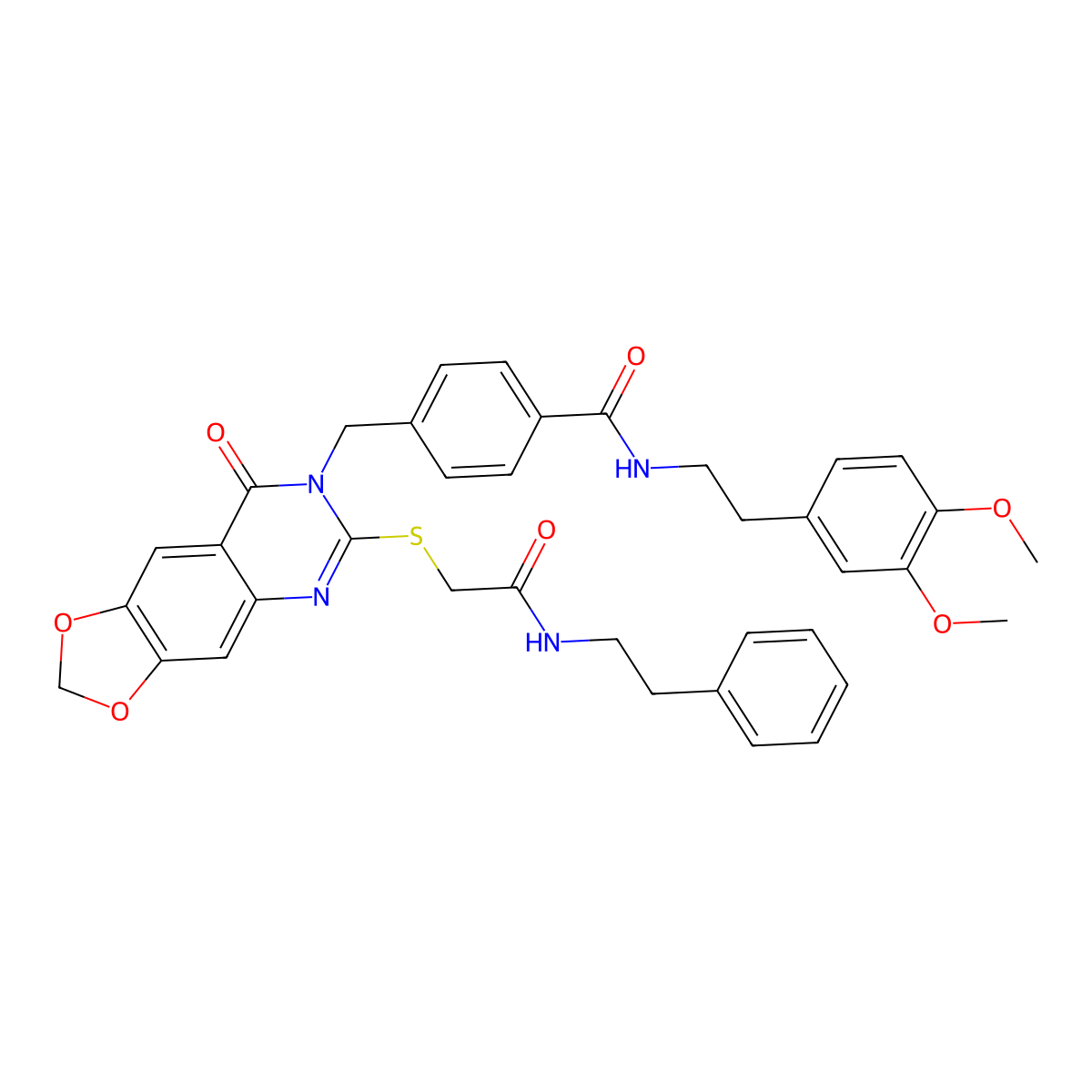 N-(3,4-dimethoxyphenethyl)-4-((8-oxo-6-((2-oxo-2-(phenethylamino)ethyl)thio)-[1,3]dioxolo[4,5-g]quinazolin-7(8H)-yl)methyl)benzamide molecular structure, CAS 688062-42-2