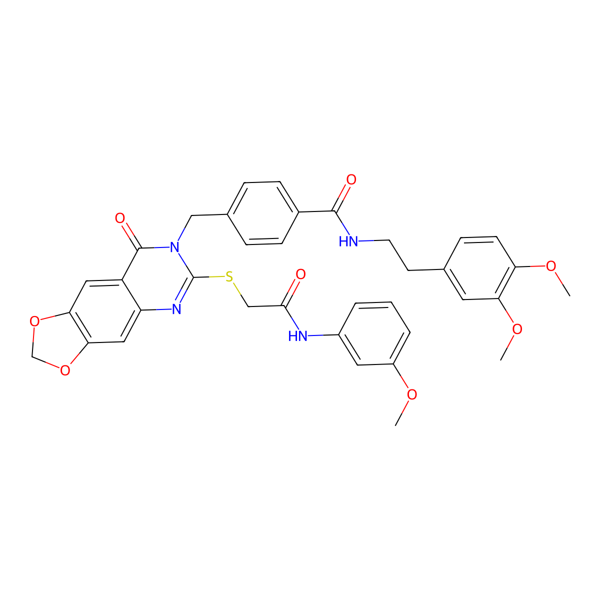 N-[2-(3,4-dimethoxyphenyl)ethyl]-4-{[6-({[(3-methoxyphenyl)carbamoyl]methyl}sulfanyl)-8-oxo-2H,7H,8H-[1,3]dioxolo[4,5-g]quinazolin-7-yl]methyl}benzamide molecular structure, CAS 688062-44-4