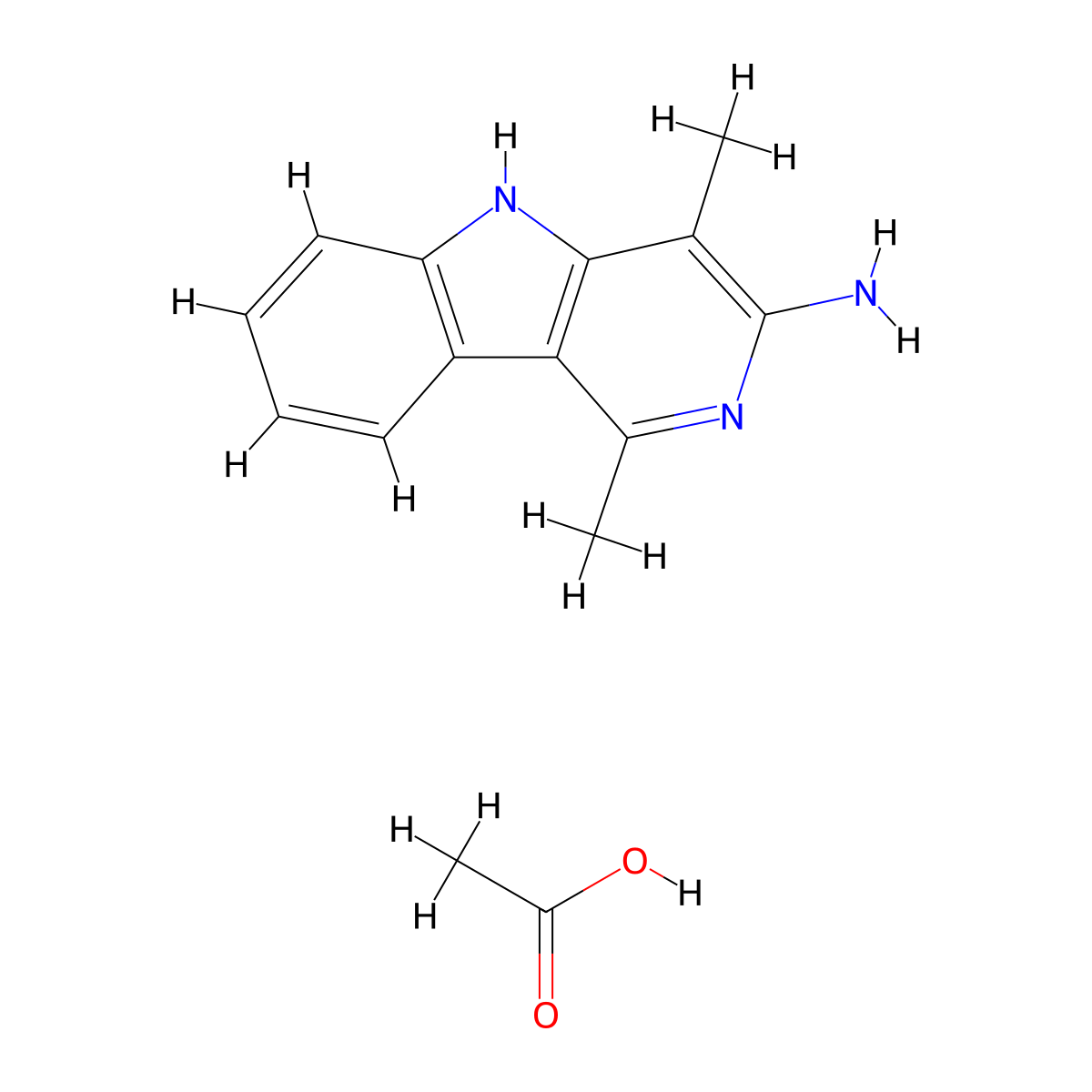 5H-Pyrido(4,3-b)indole, 3-amino-1,4-dimethyl-, acetate molecular structure, CAS 68808-54-8