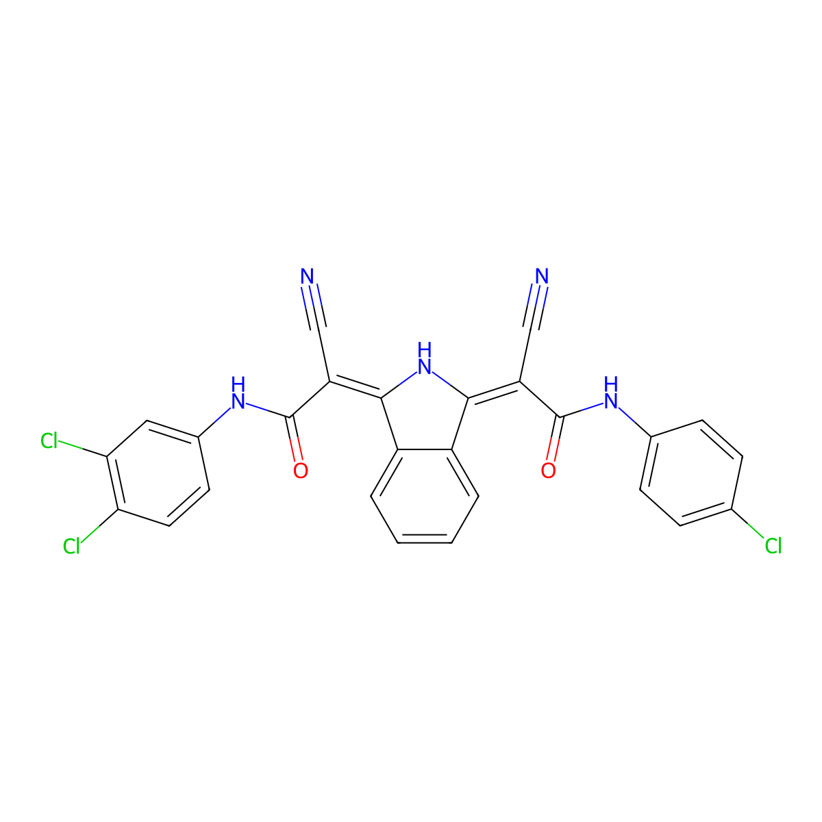 Acetamide, 2-[3-[2-[(4-chlorophenyl)amino]-1-cyano-2-oxoethylidene]-2,3-dihydro-1H-isoindol-1-ylidene]-2-cyano-N-(3,4-dichlorophenyl)- molecular structure, CAS 68808-69-5