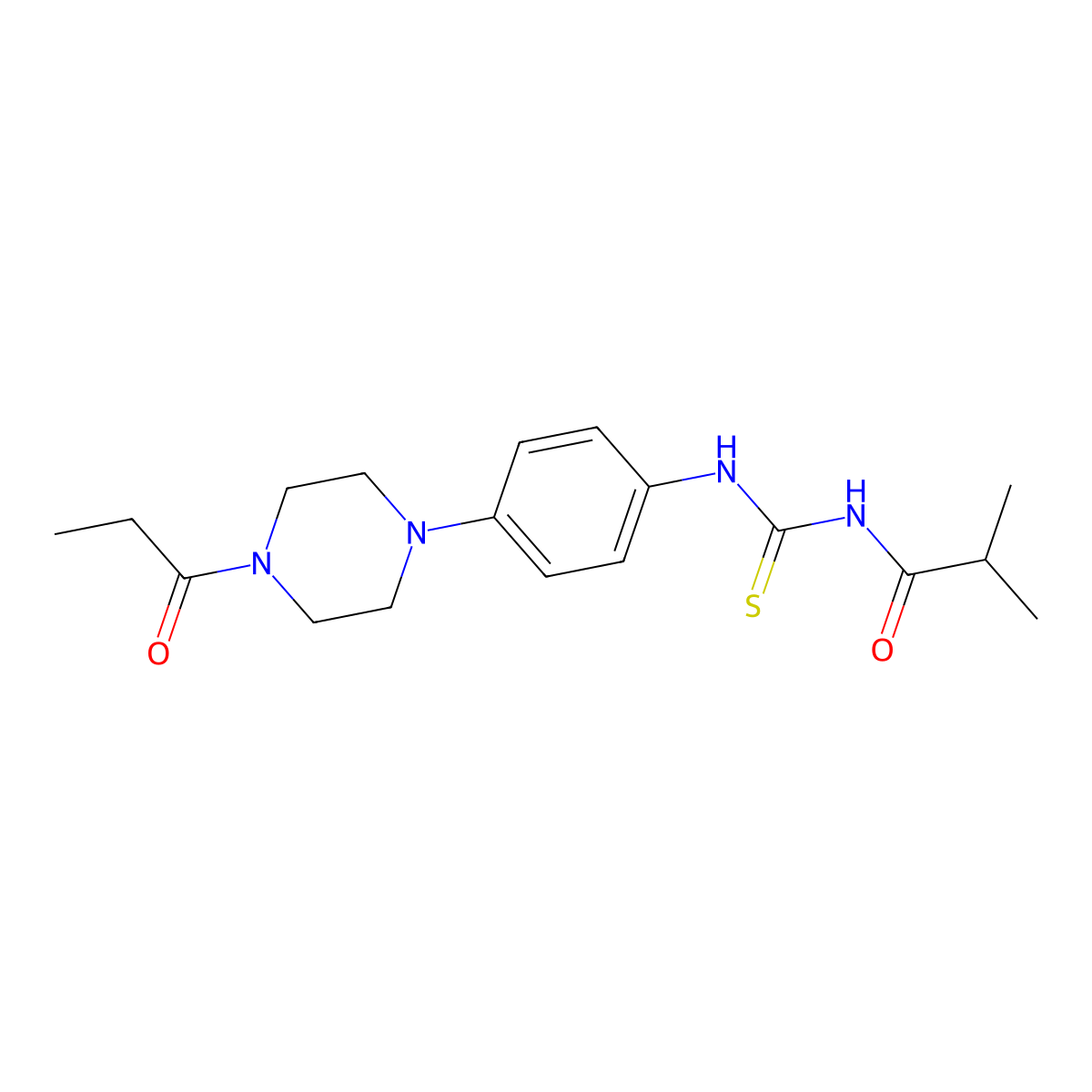 2-methyl-N-[[4-(4-propanoylpiperazin-1-yl)phenyl]carbamothioyl]propanamide molecular structure, CAS 688332-22-1