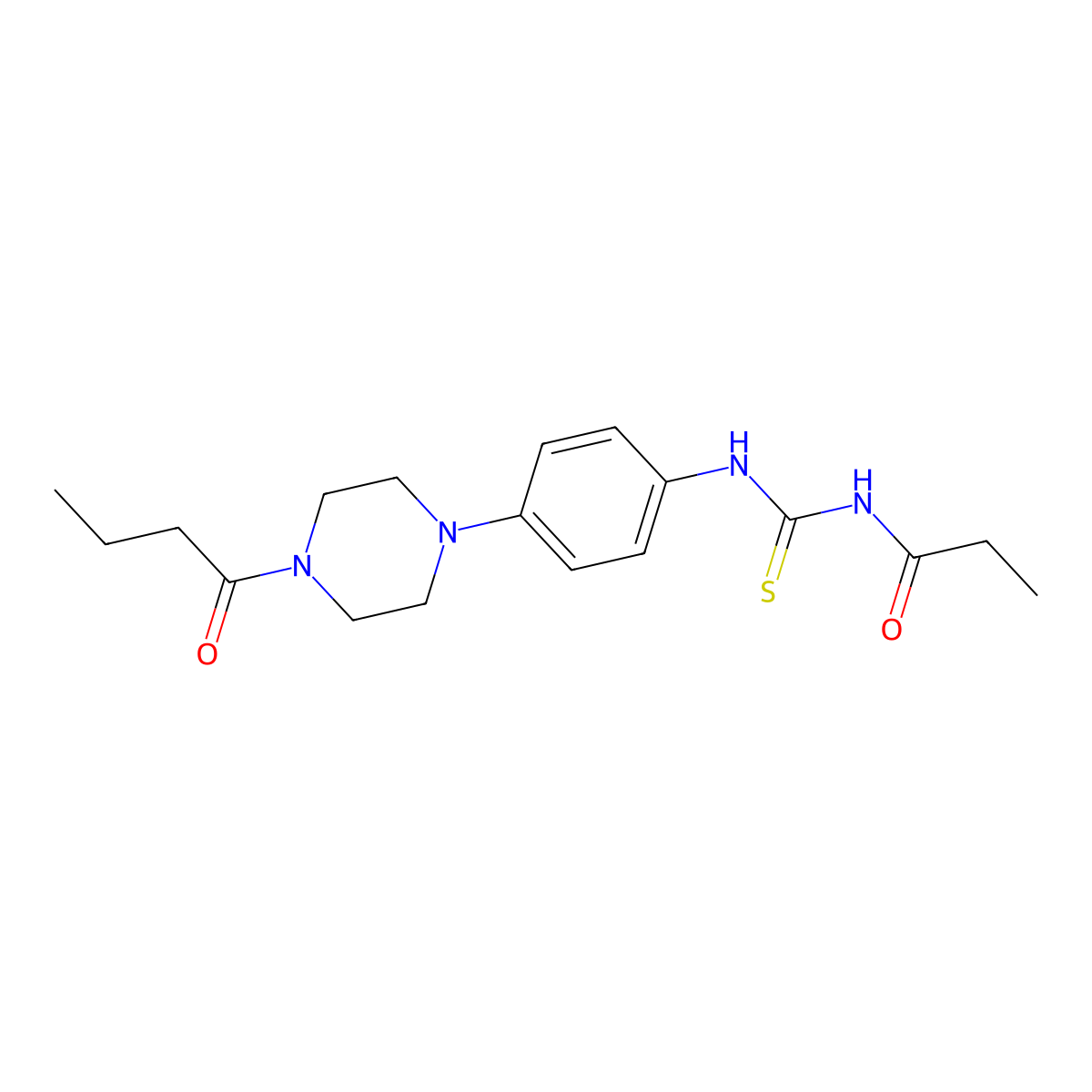 N-[[4-(4-butanoylpiperazin-1-yl)phenyl]carbamothioyl]propanamide molecular structure, CAS 688332-88-9