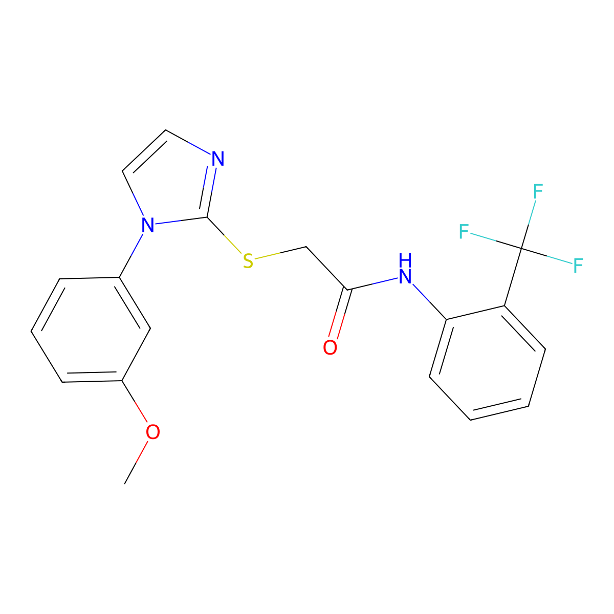 2-((1-(3-methoxyphenyl)-1H-imidazol-2-yl)thio)-N-(2-(trifluoromethyl)phenyl)acetamide molecular structure, CAS 688335-60-6