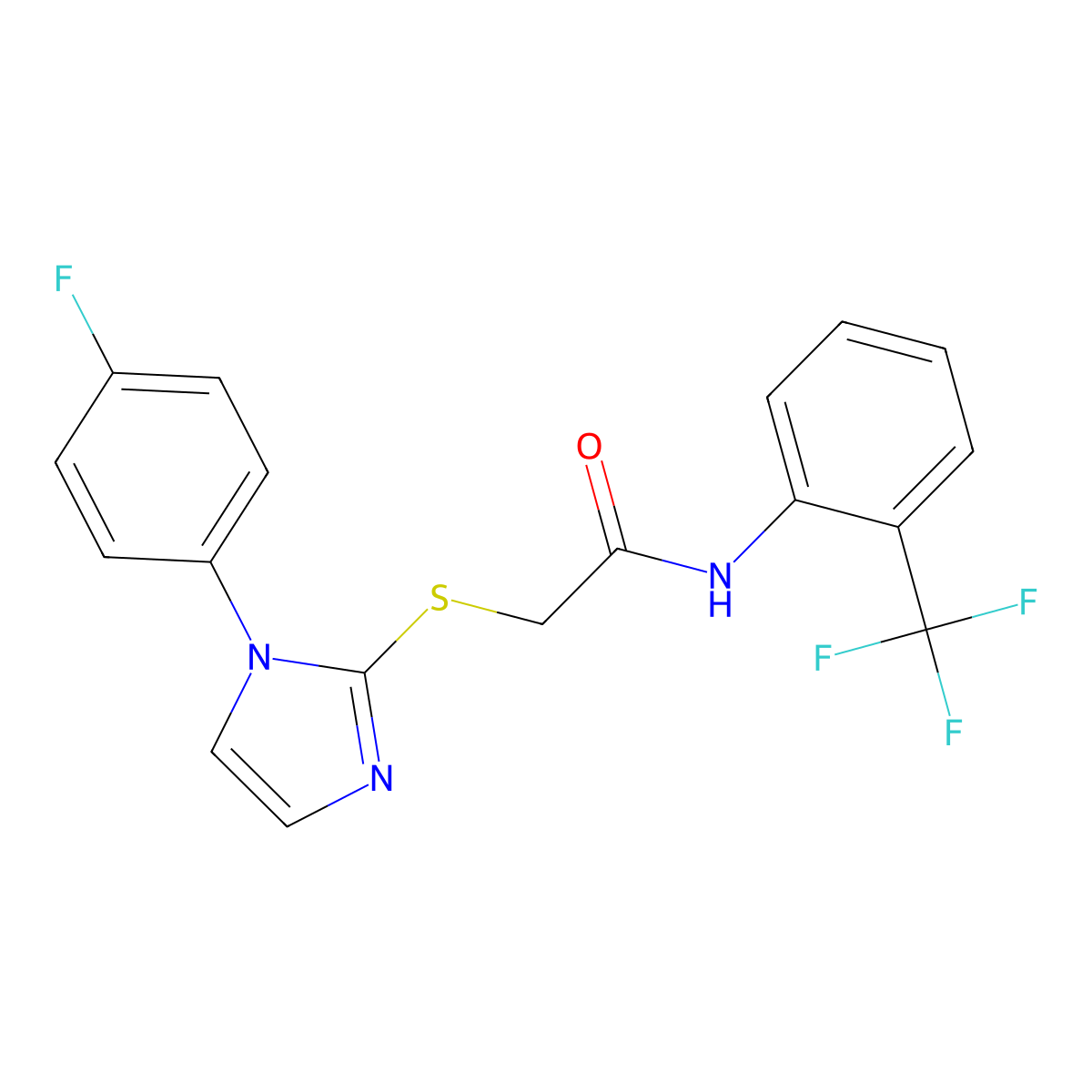 2-((1-(4-fluorophenyl)-1H-imidazol-2-yl)thio)-N-(2-(trifluoromethyl)phenyl)acetamide molecular structure, CAS 688336-67-6