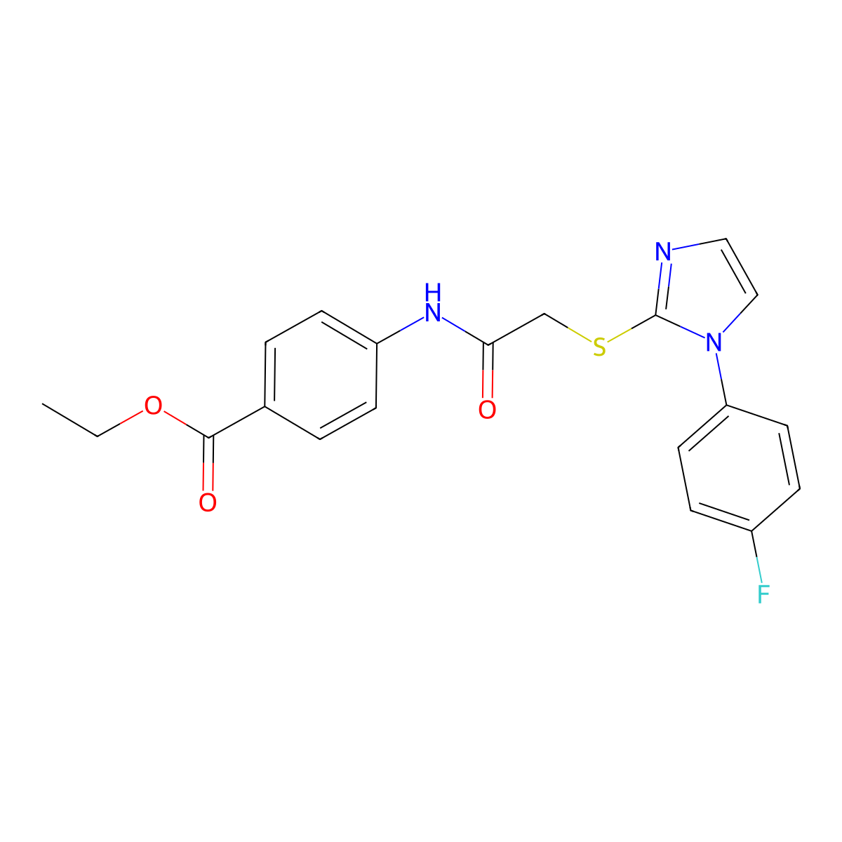 Ethyl 4-[[2-[1-(4-fluorophenyl)imidazol-2-yl]sulfanylacetyl]amino]benzoate molecular structure, CAS 688336-69-8