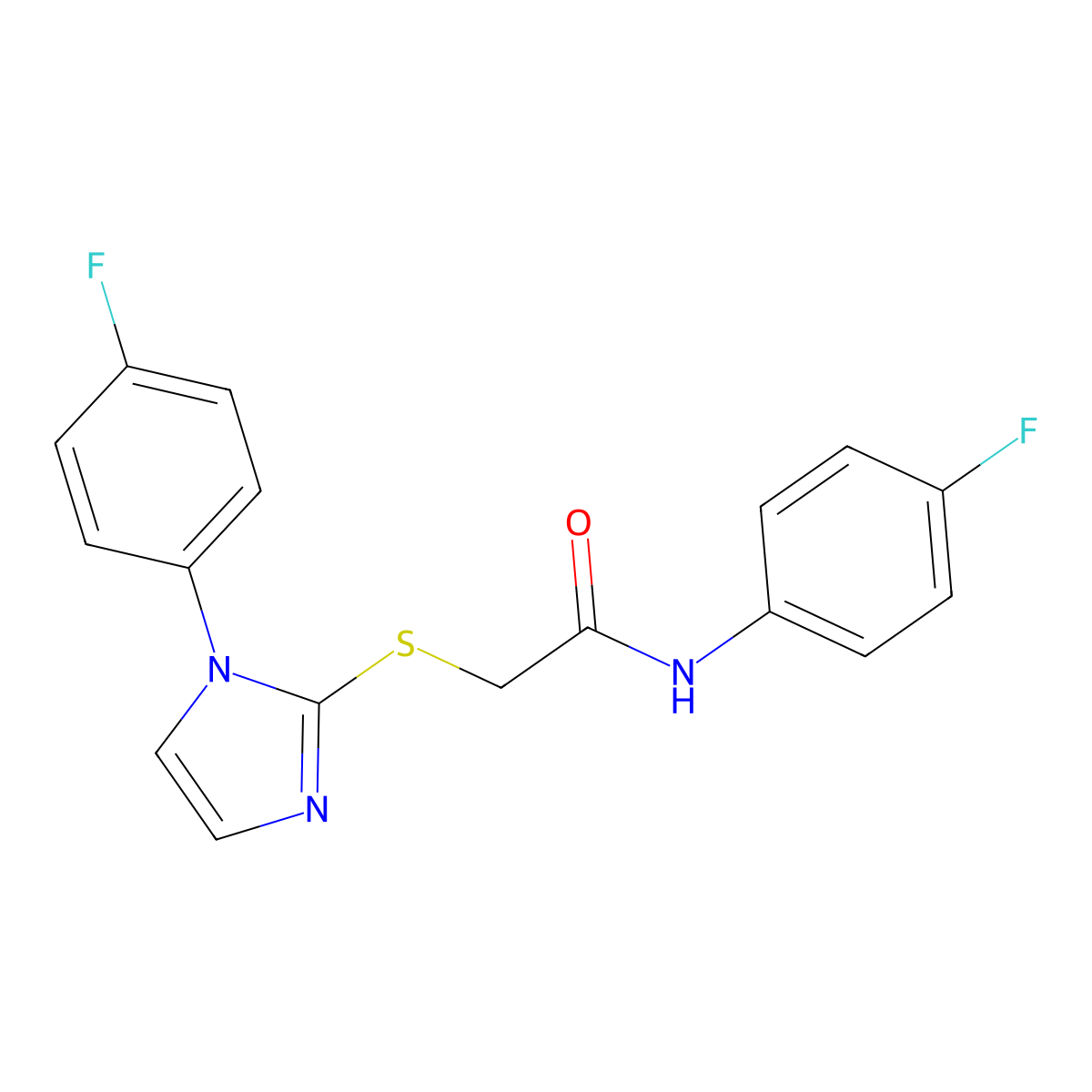 N-(4-fluorophenyl)-2-[1-(4-fluorophenyl)imidazol-2-yl]sulfanylacetamide molecular structure, CAS 688336-71-2