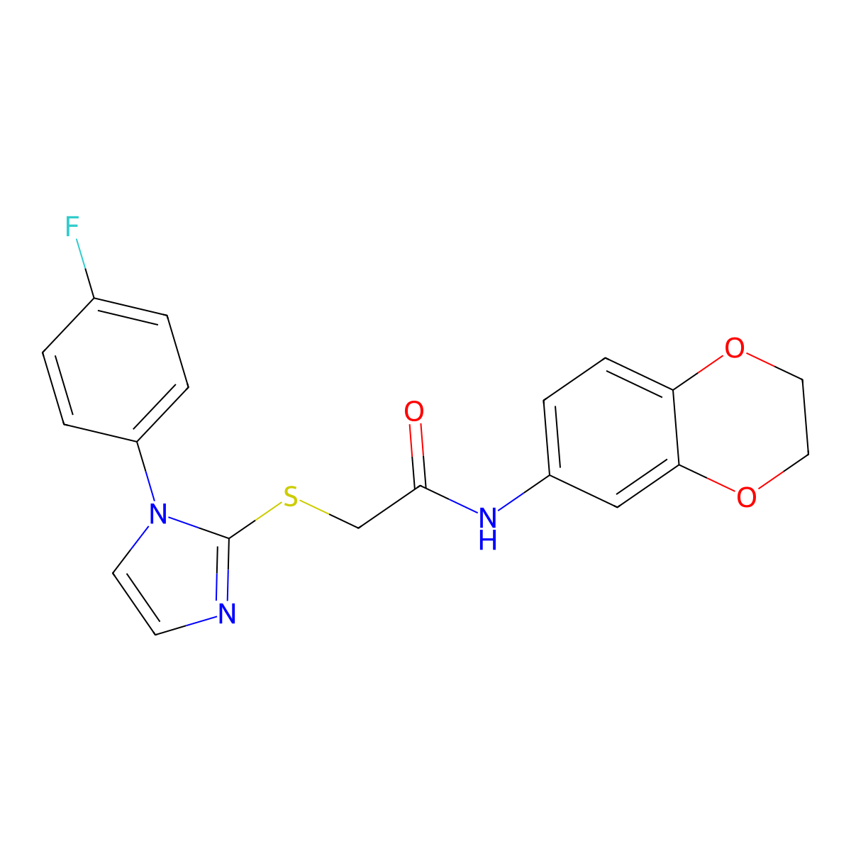 N-(2,3-dihydrobenzo[b][1,4]dioxin-6-yl)-2-((1-(4-fluorophenyl)-1H-imidazol-2-yl)thio)acetamide molecular structure, CAS 688336-82-5