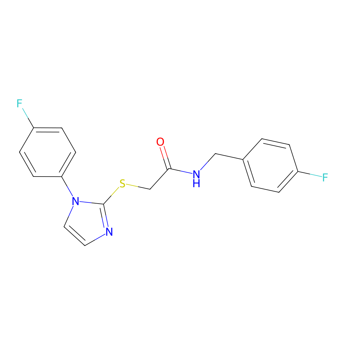 2-[1-(4-fluorophenyl)imidazol-2-yl]sulfanyl-N-[(4-fluorophenyl)methyl]acetamide molecular structure, CAS 688336-98-3