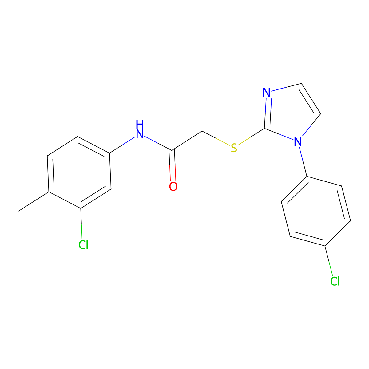 N-(3-chloro-4-methylphenyl)-2-((1-(4-chlorophenyl)-1H-imidazol-2-yl)thio)acetamide molecular structure, CAS 688337-43-1