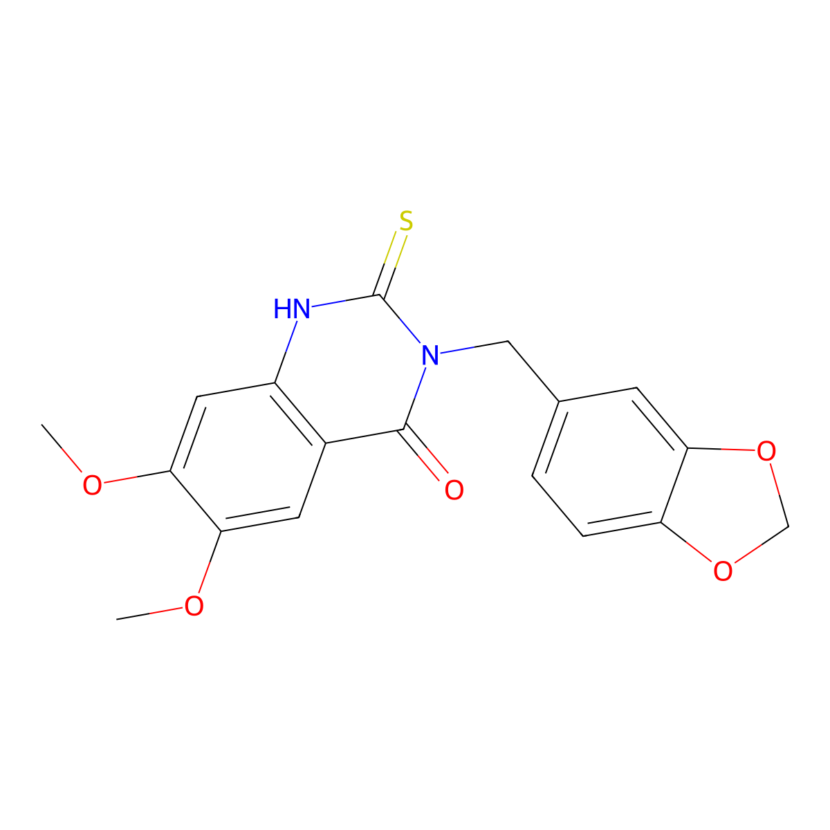 3-(1,3-benzodioxol-5-ylmethyl)-6,7-dimethoxy-2-thioxo-2,3-dihydroquinazolin-4(1H)-one molecular structure, CAS 688337-95-3