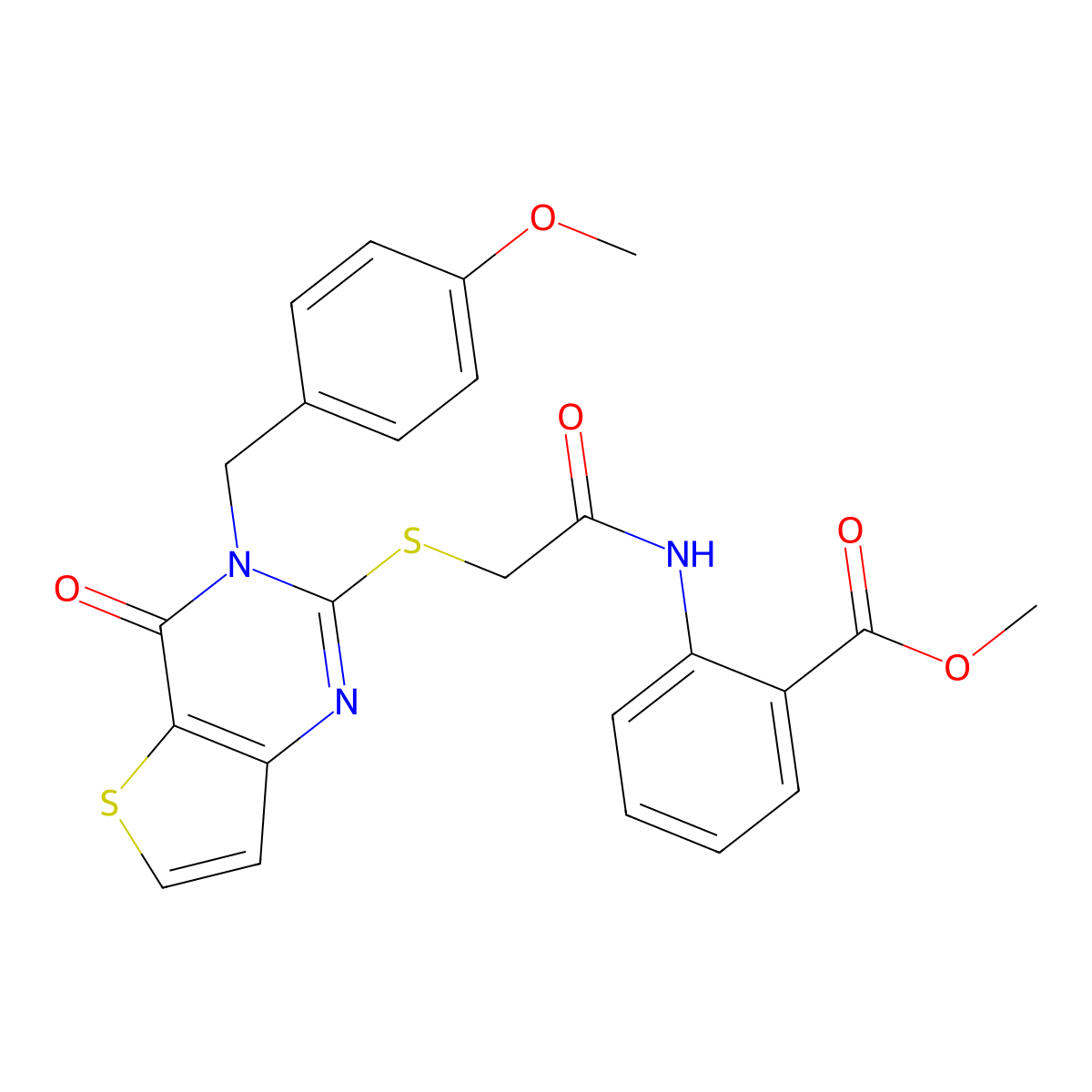 Methyl 2-[[2-[3-[(4-methoxyphenyl)methyl]-4-oxothieno[3,2-d]pyrimidin-2-yl]sulfanylacetyl]amino]benzoate molecular structure, CAS 688338-76-3