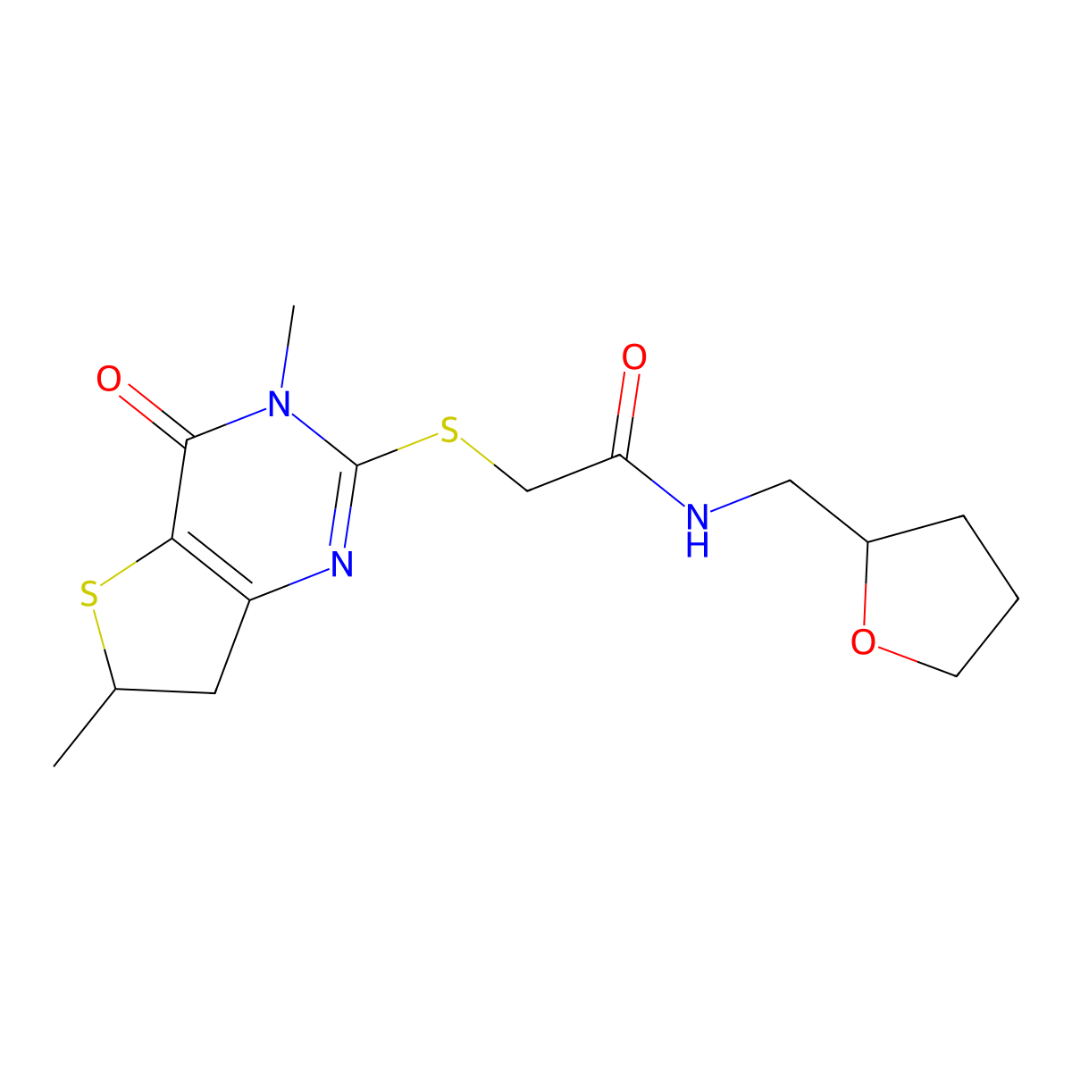 2-((3,6-dimethyl-4-oxo-3,4,6,7-tetrahydrothieno[3,2-d]pyrimidin-2-yl)thio)-N-((tetrahydrofuran-2-yl)methyl)acetamide molecular structure, CAS 688353-43-7