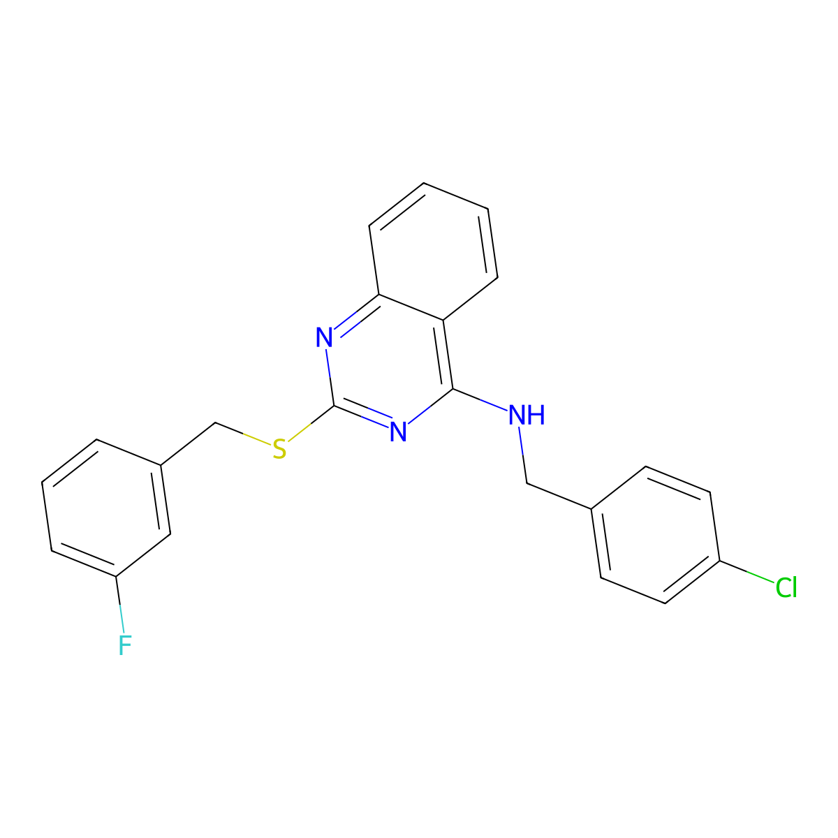 N-[(4-chlorophenyl)methyl]-2-[(3-fluorophenyl)methylsulfanyl]quinazolin-4-amine molecular structure, CAS 688354-63-4
