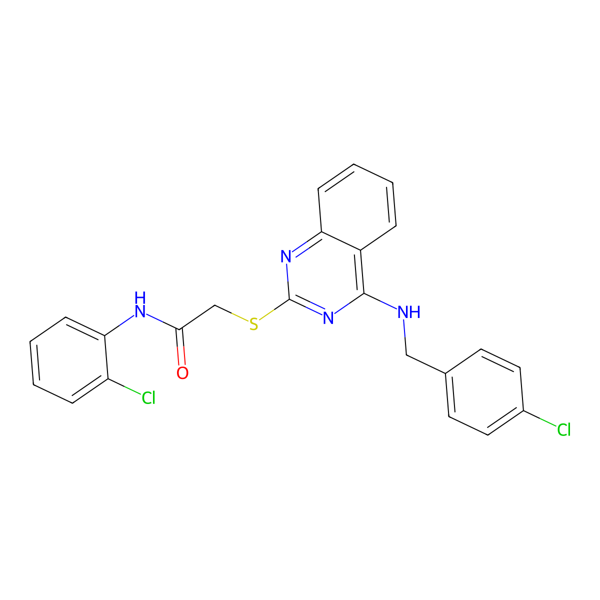 2-((4-((4-chlorobenzyl)amino)quinazolin-2-yl)thio)-N-(2-chlorophenyl)acetamide molecular structure, CAS 688354-67-8