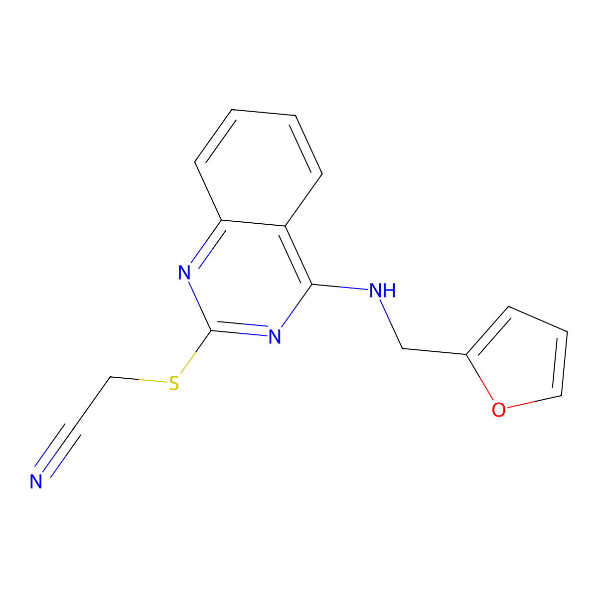 2-((4-((Furan-2-ylmethyl)amino)quinazolin-2-yl)thio)acetonitrile molecular structure, CAS 688354-91-8