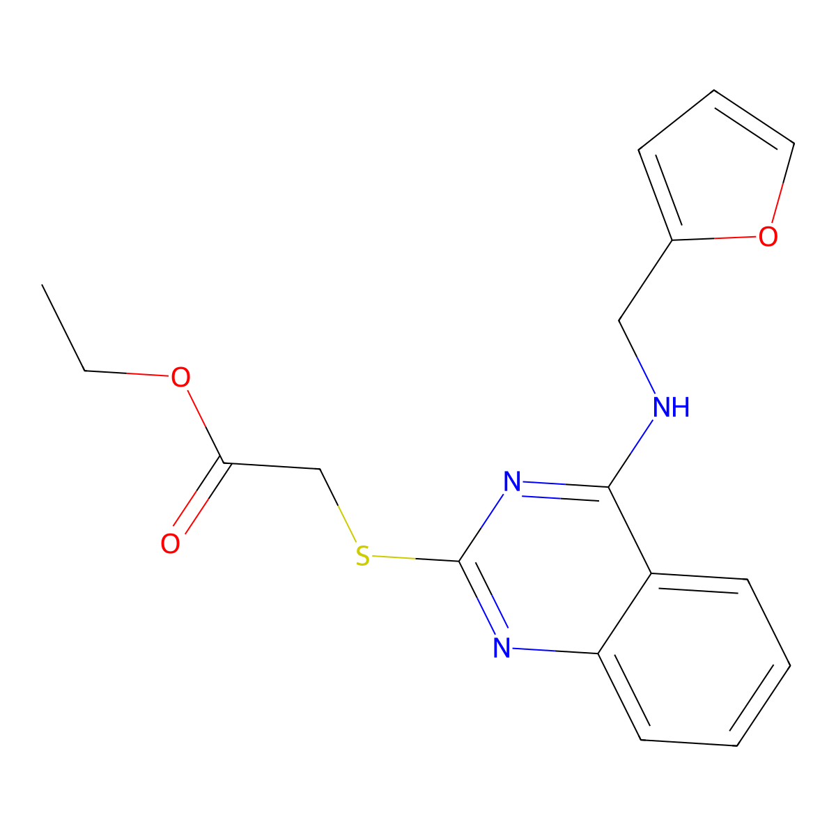 Ethyl ({4-[(2-furylmethyl)amino]quinazolin-2-yl}thio)acetate molecular structure, CAS 688354-93-0