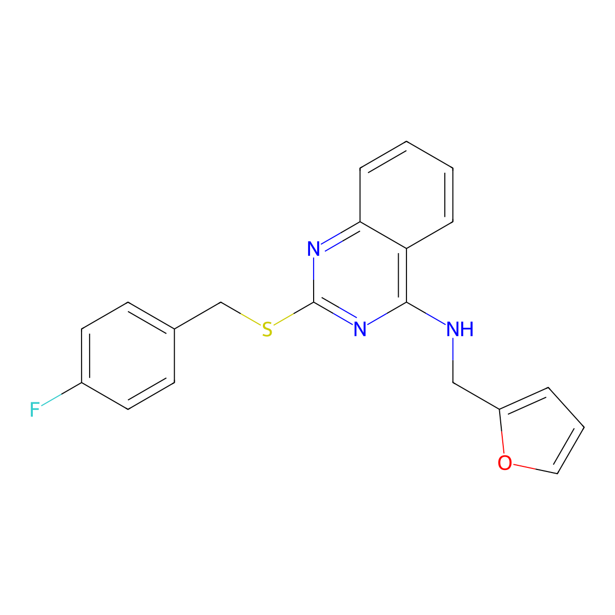 2-[(4-fluorophenyl)methylsulfanyl]-N-(furan-2-ylmethyl)quinazolin-4-amine molecular structure, CAS 688354-97-4