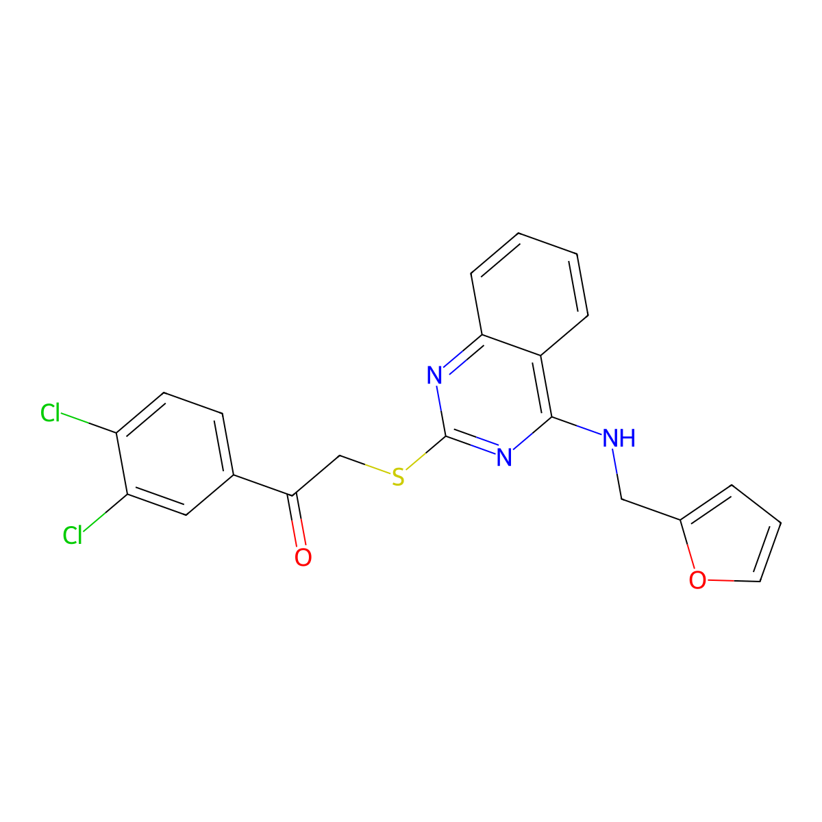 1-(3,4-Dichlorophenyl)-2-[4-(furan-2-ylmethylamino)quinazolin-2-yl]sulfanylethanone molecular structure, CAS 688355-02-4