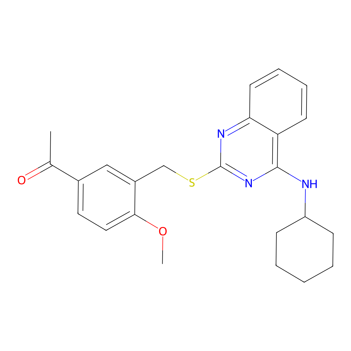 1-[3-[[4-(Cyclohexylamino)quinazolin-2-yl]sulfanylmethyl]-4-methoxyphenyl]ethanone molecular structure, CAS 688355-07-9