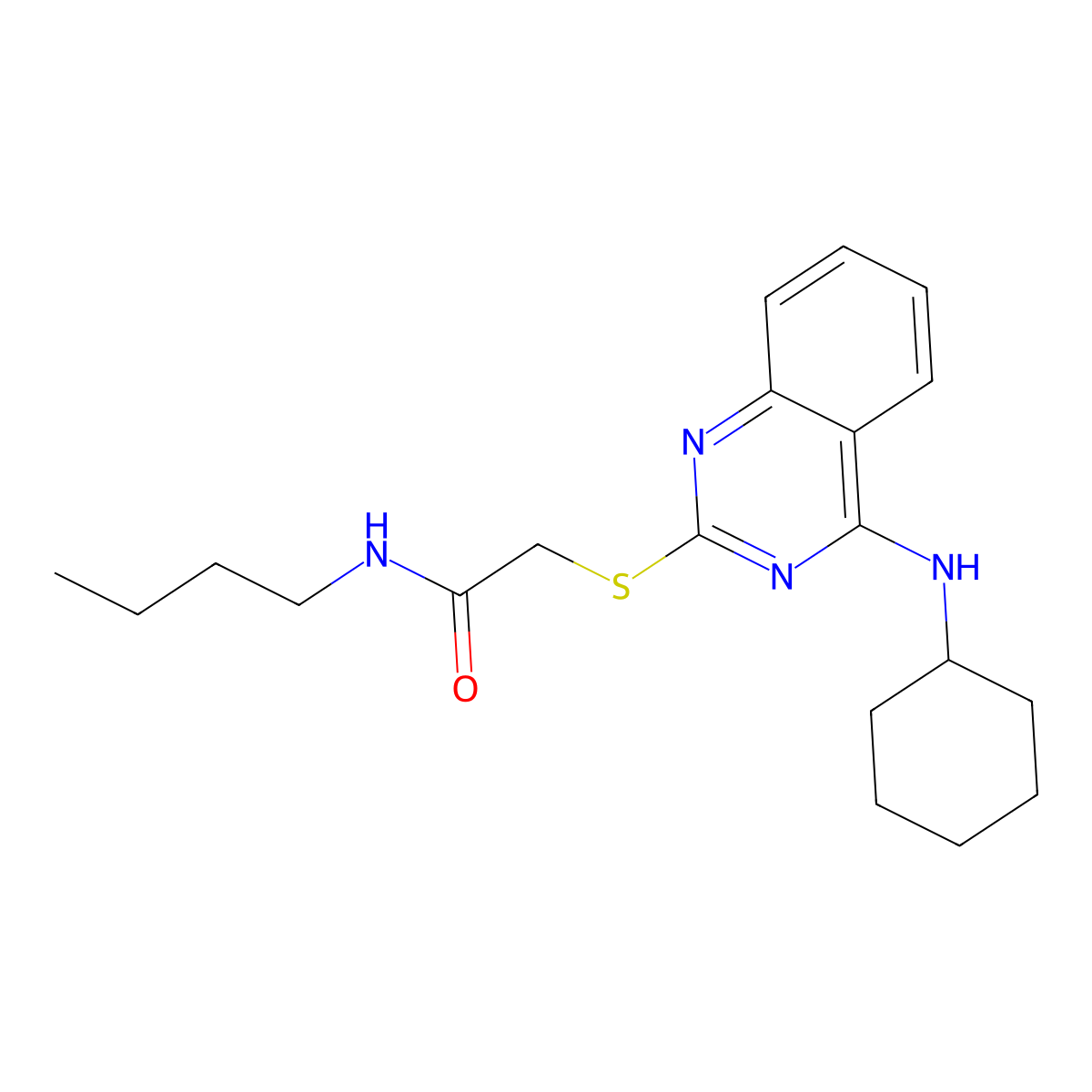 N-butyl-2-((4-(cyclohexylamino)quinazolin-2-yl)thio)acetamide molecular structure, CAS 688355-10-4