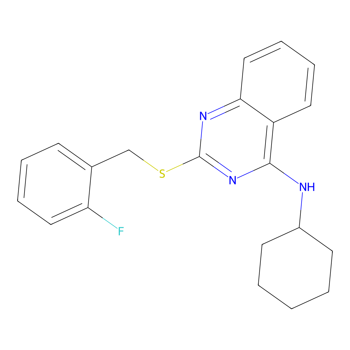 N-cyclohexyl-2-[(2-fluorophenyl)methylsulfanyl]quinazolin-4-amine molecular structure, CAS 688355-14-8