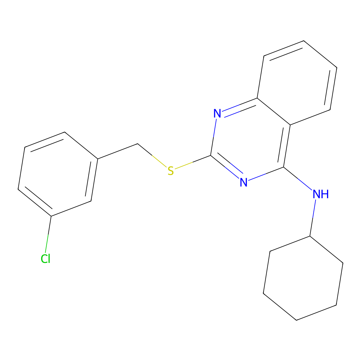 2-((3-chlorobenzyl)thio)-N-cyclohexylquinazolin-4-amine molecular structure, CAS 688355-23-9