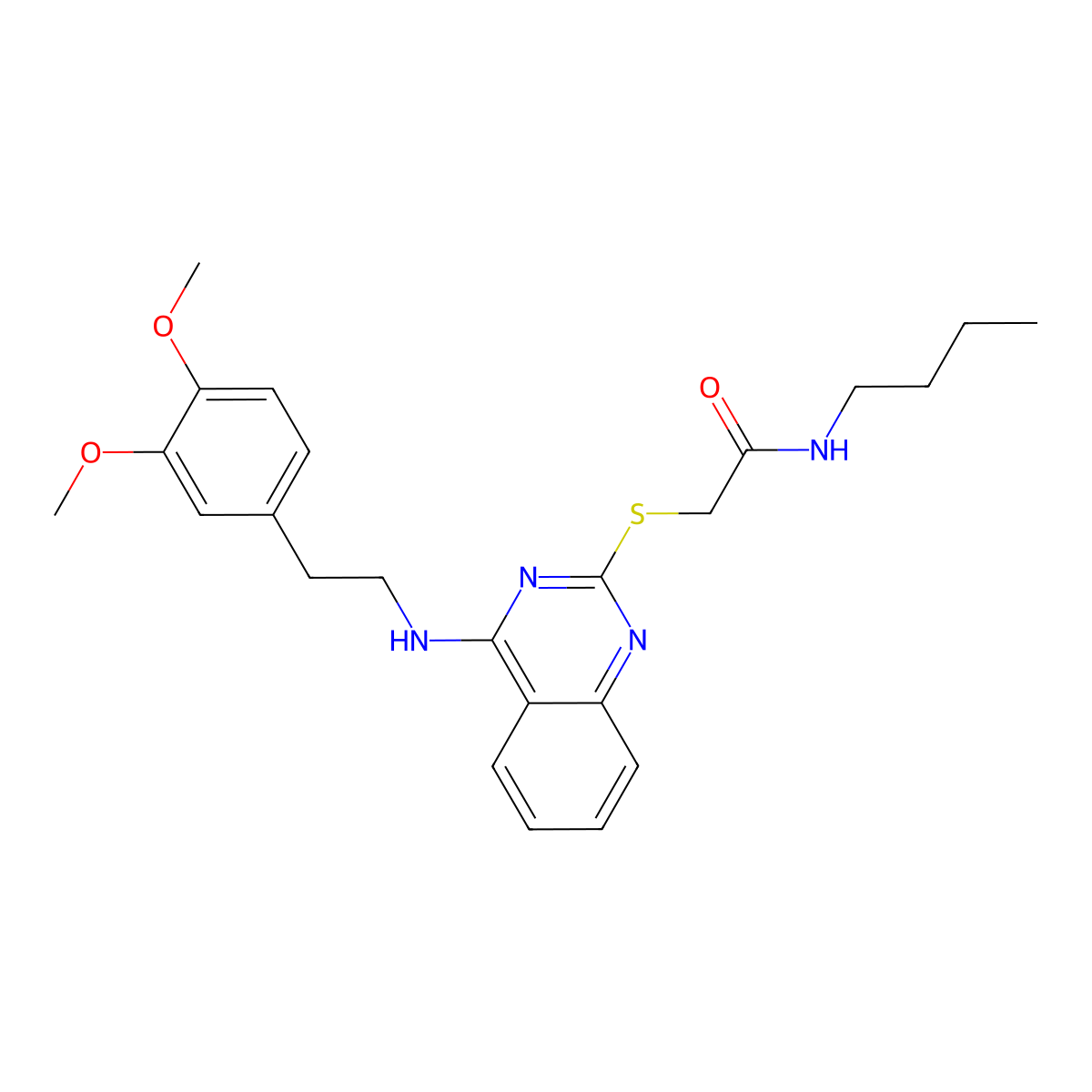 N-butyl-2-[(4-{[2-(3,4-dimethoxyphenyl)ethyl]amino}quinazolin-2-yl)sulfanyl]acetamide molecular structure, CAS 688355-27-3