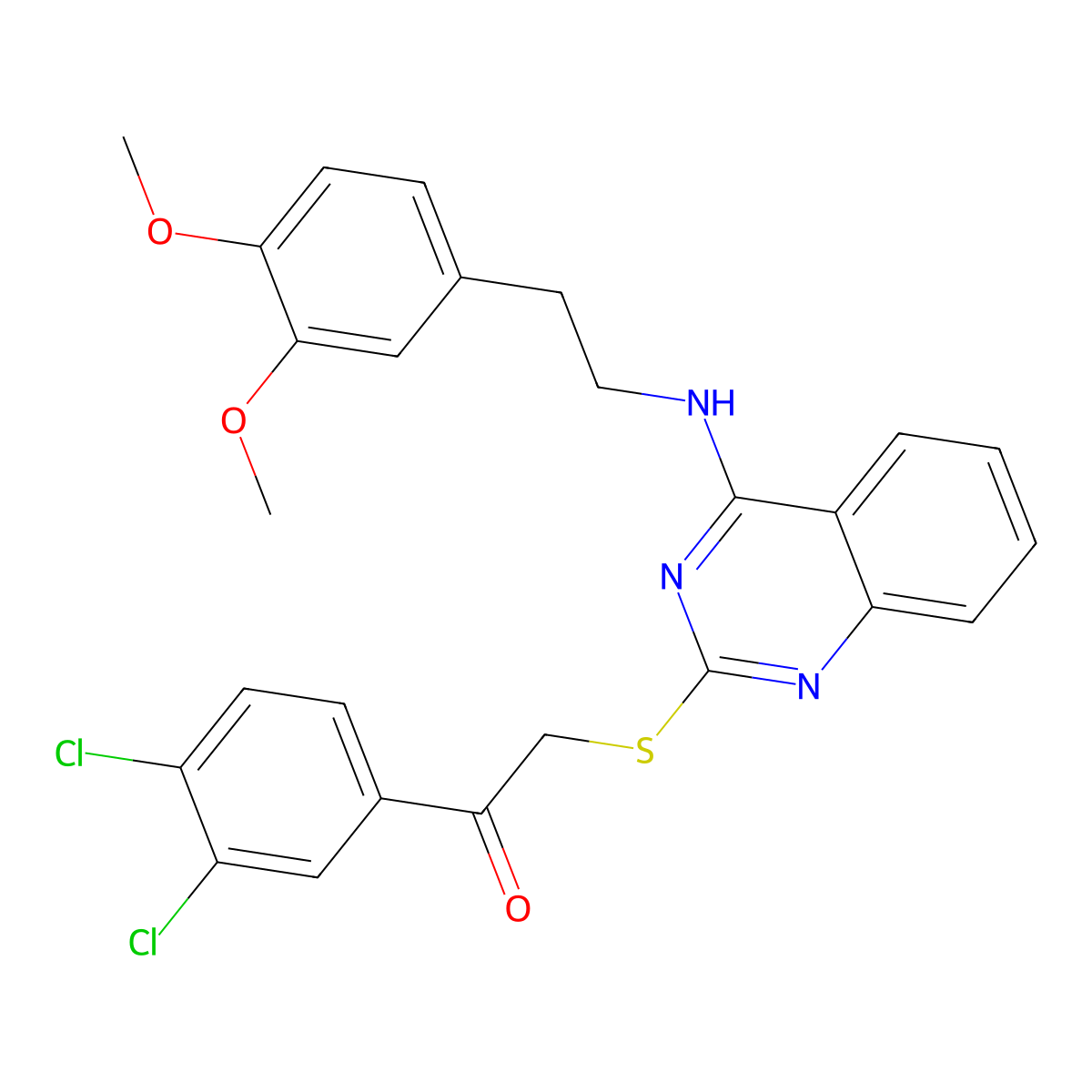 1-(3,4-Dichlorophenyl)-2-((4-((3,4-dimethoxyphenethyl)amino)quinazolin-2-yl)thio)ethanone molecular structure, CAS 688355-32-0