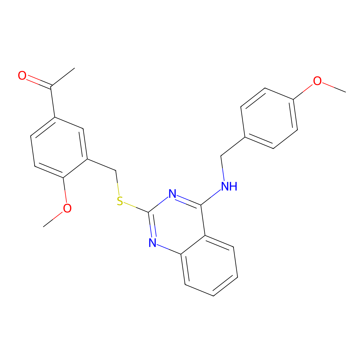 1-[4-Methoxy-3-[[4-[(4-methoxyphenyl)methylamino]quinazolin-2-yl]sulfanylmethyl]phenyl]ethanone molecular structure, CAS 688355-33-1