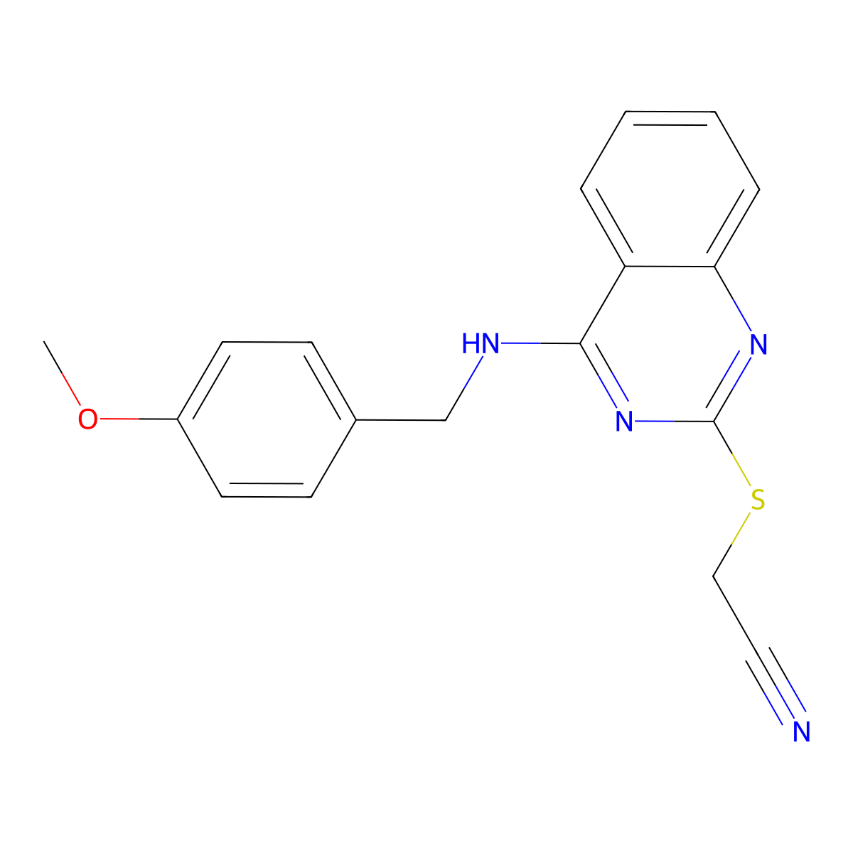 2-((4-((4-Methoxybenzyl)amino)quinazolin-2-yl)thio)acetonitrile molecular structure, CAS 688355-34-2