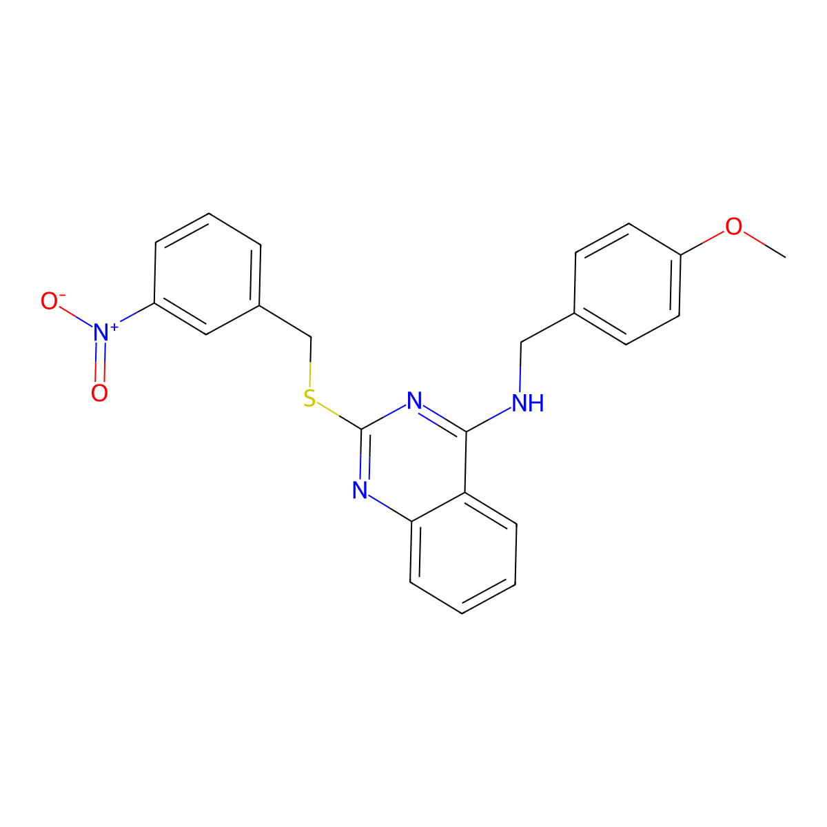 N-[(4-methoxyphenyl)methyl]-2-[(3-nitrophenyl)methylsulfanyl]quinazolin-4-amine molecular structure, CAS 688355-35-3