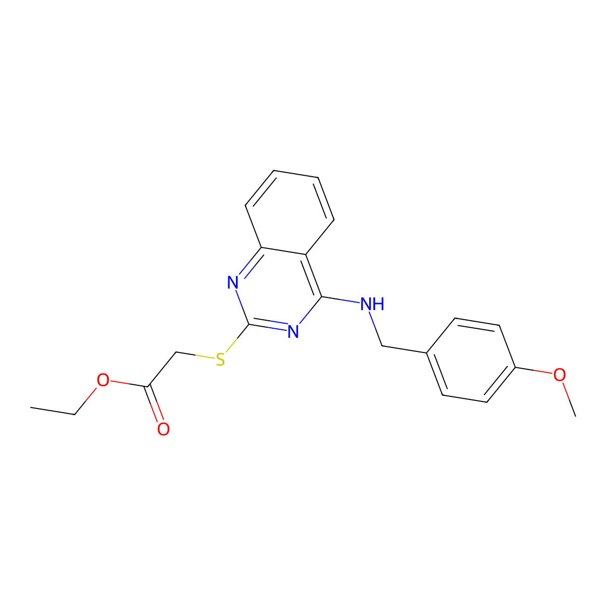 Ethyl 2-[4-[(4-methoxyphenyl)methylamino]quinazolin-2-yl]sulfanylacetate molecular structure, CAS 688355-42-2