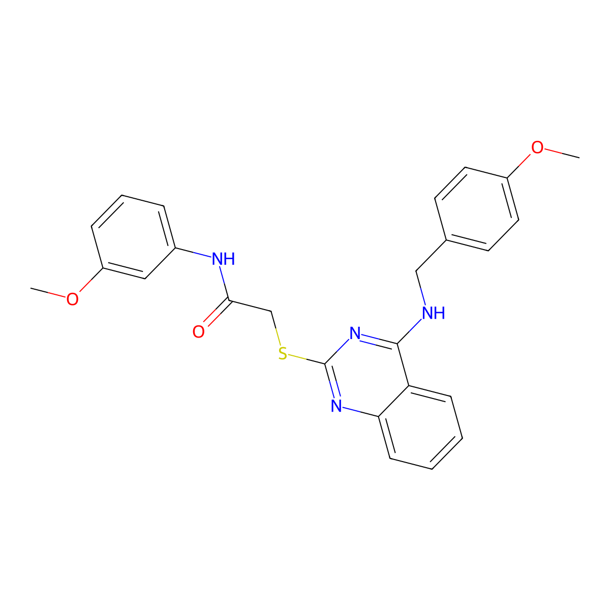 2-((4-((4-methoxybenzyl)amino)quinazolin-2-yl)thio)-N-(3-methoxyphenyl)acetamide molecular structure, CAS 688355-44-4